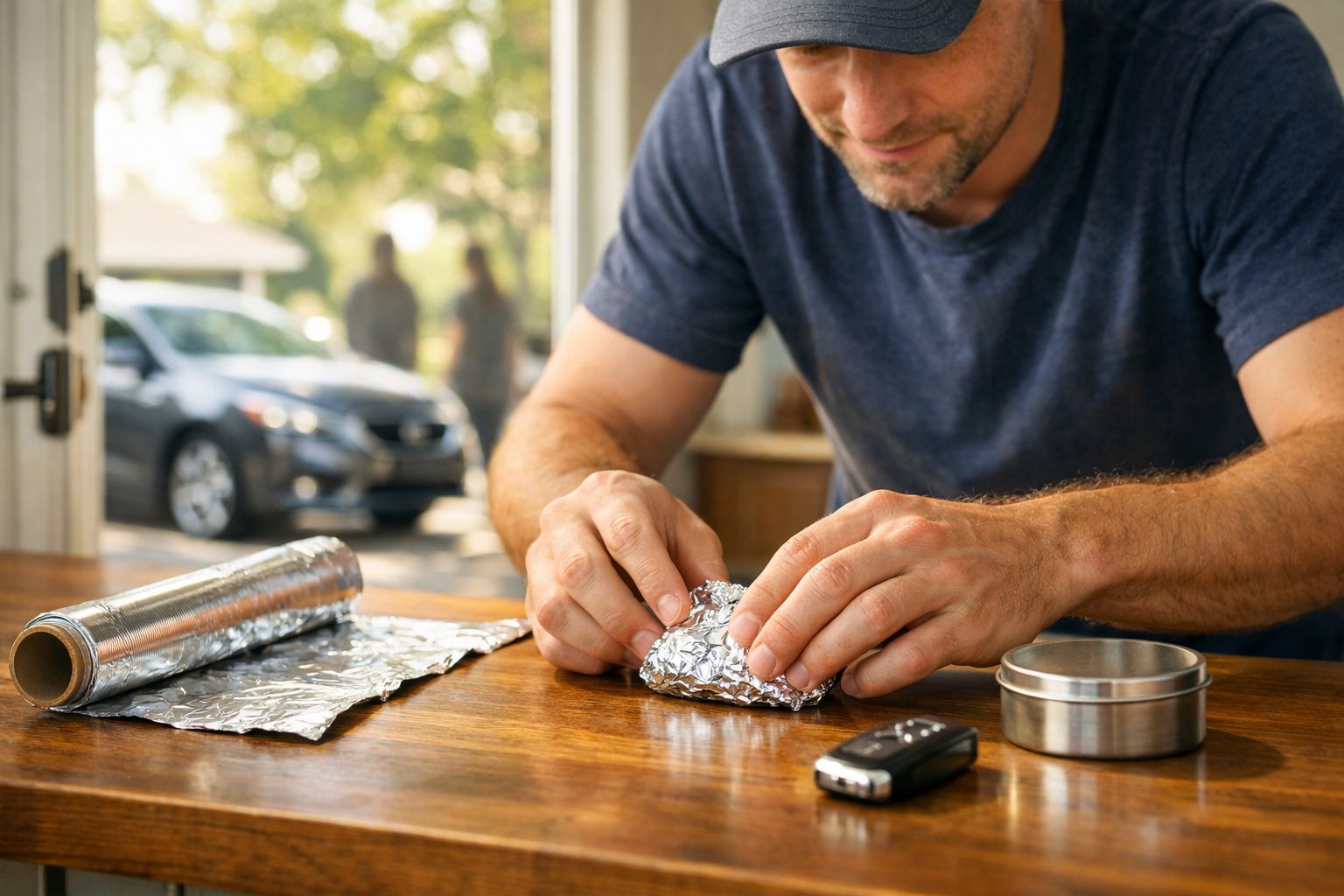Homem a embrulhar objeto em papel alumínio numa mesa com chave de carro e caixa metálica.