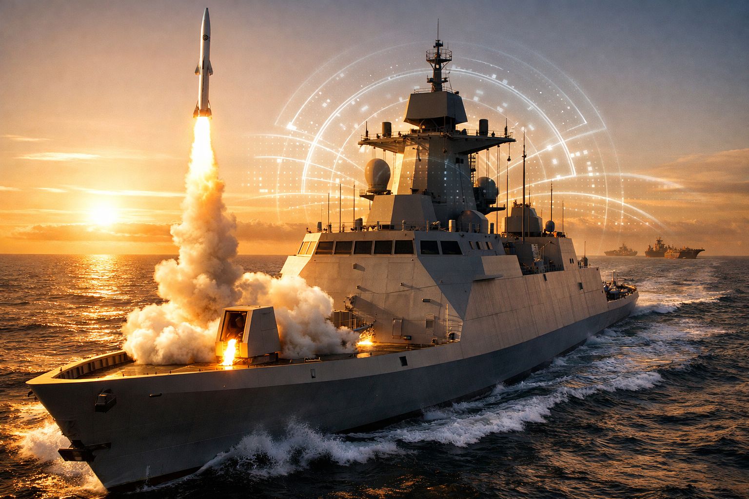 Cruzador militar a lançar míssil no mar durante pôr do sol com outros navios ao fundo.