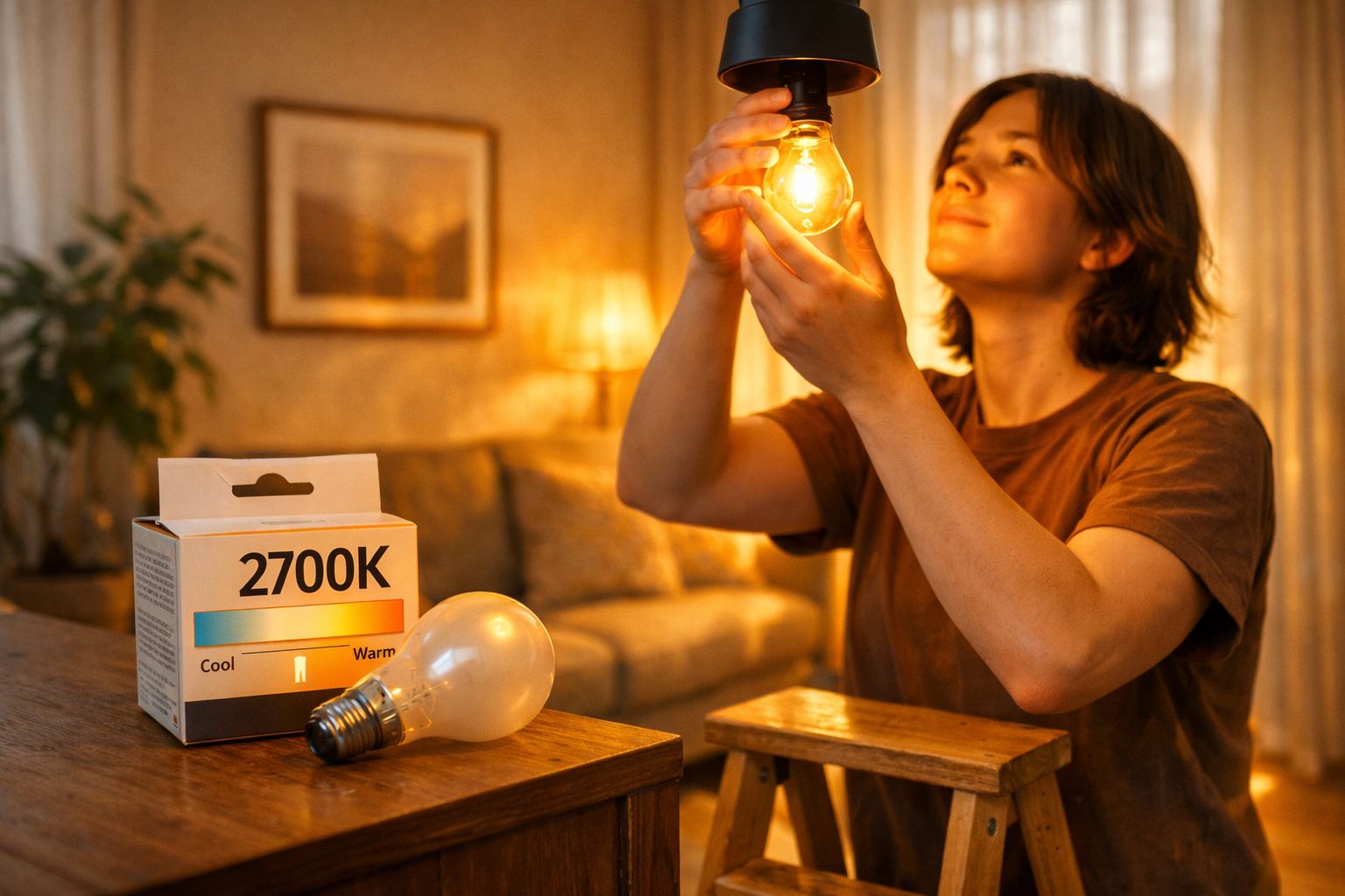 Pessoa a instalar lâmpada de luz quente de 2700K numa sala com ambiente acolhedor e luz suave.