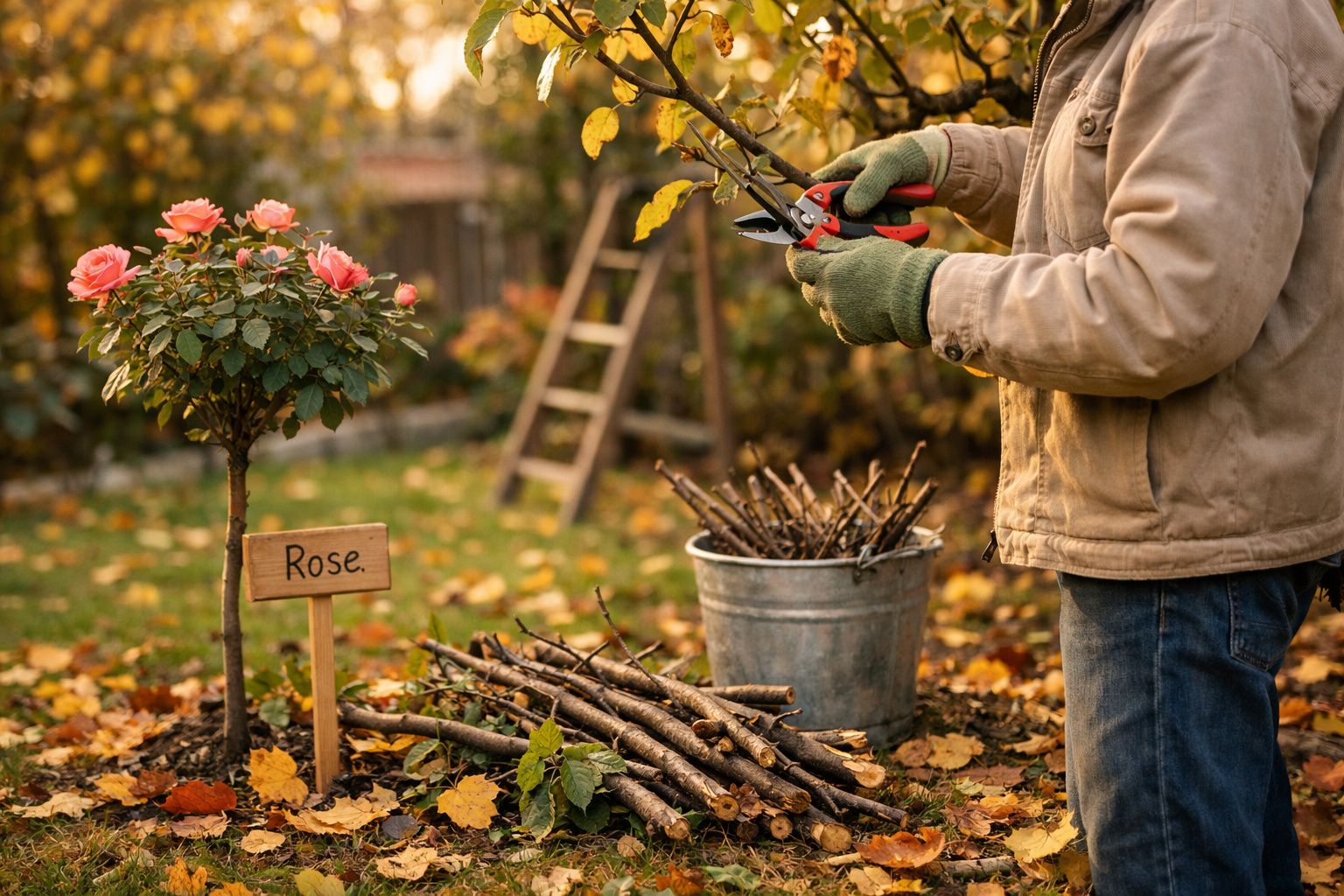 Pessoa a podar ramos num jardim outonal com roseira floridas e folhas caídas no chão.