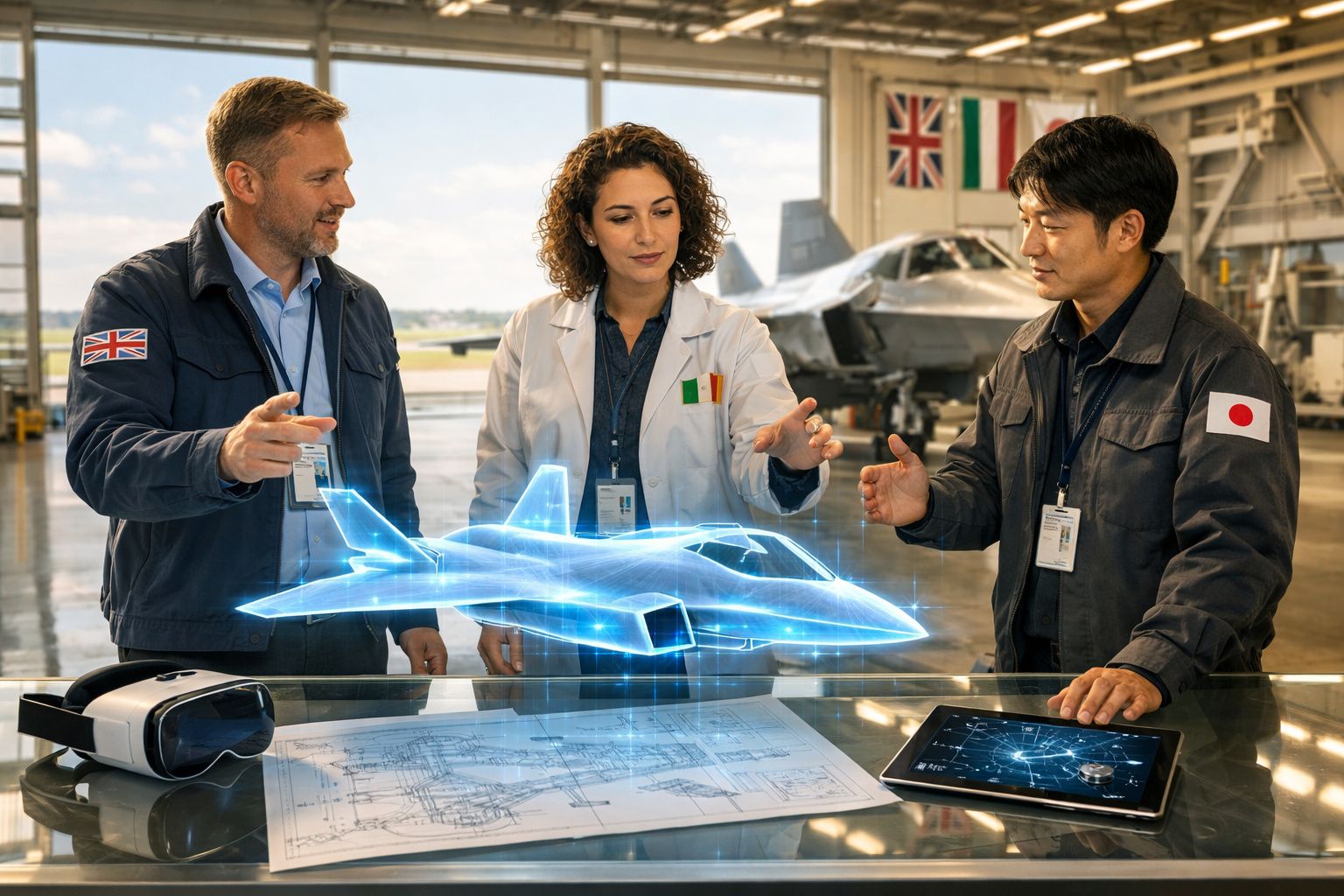 Três engenheiros internacionais analisam modelo 3D holográfico de avião em hangar com plantas e dispositivos digitais.