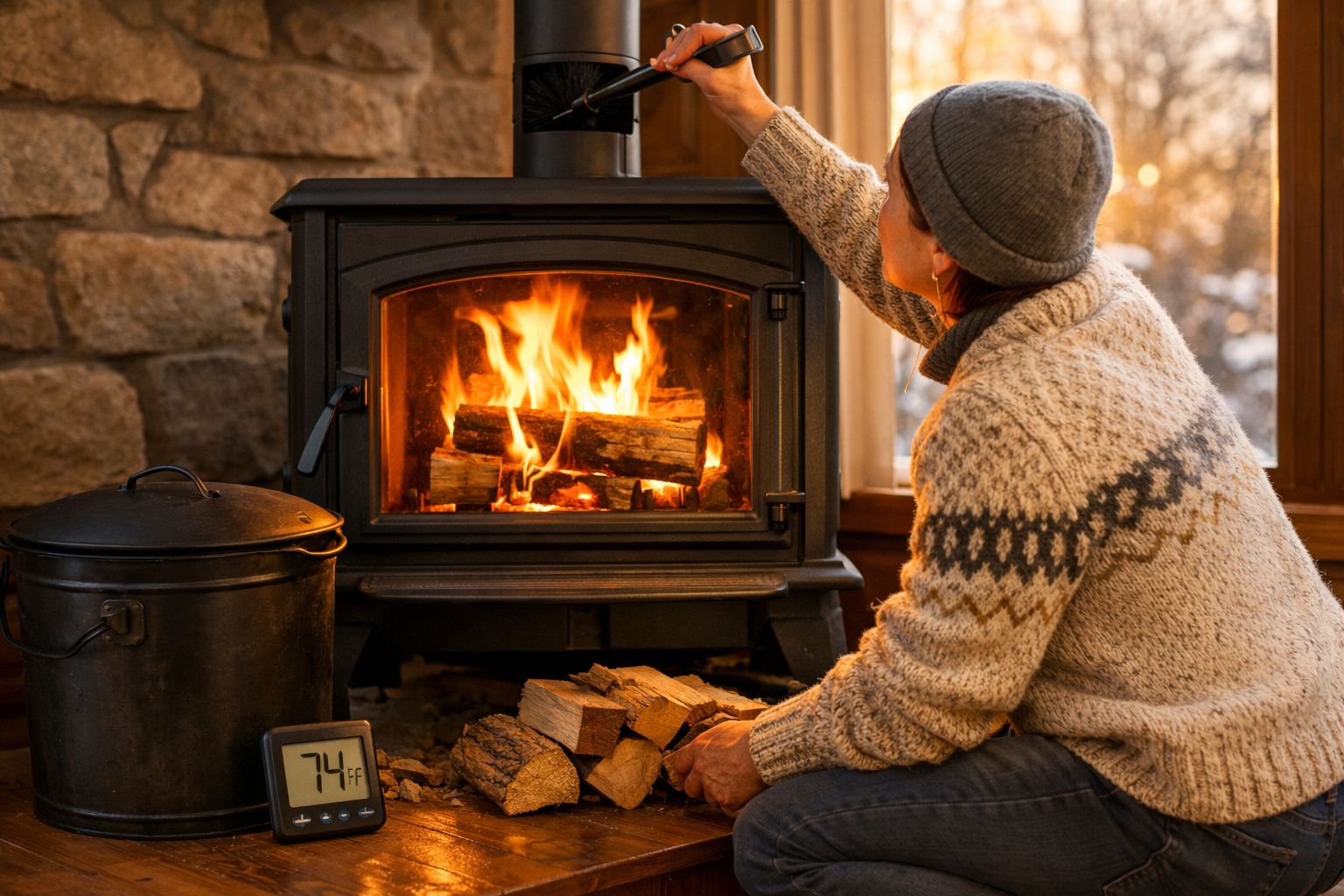 Pessoa com camisola e gorro junto a lareira a colocar lenha, ambiente acolhedor com pedra e janela ao fundo.
