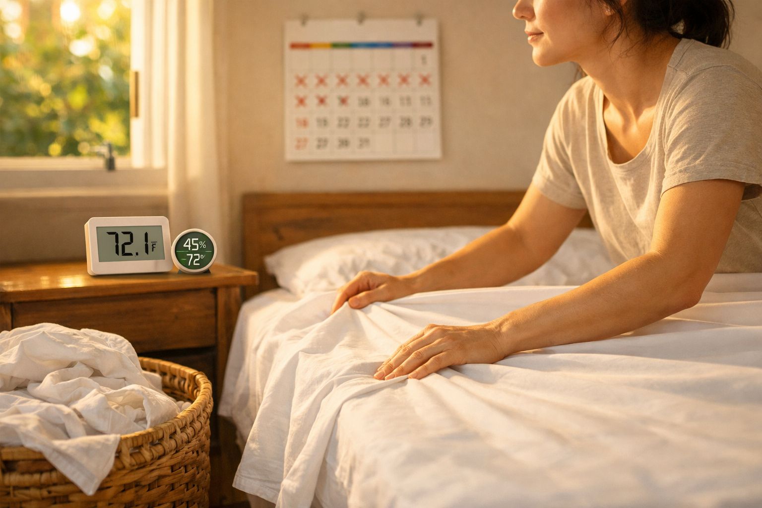 Pessoa a arrumar a cama num quarto com termómetro digital a mostrar 22,3°C e 45% de humidade.