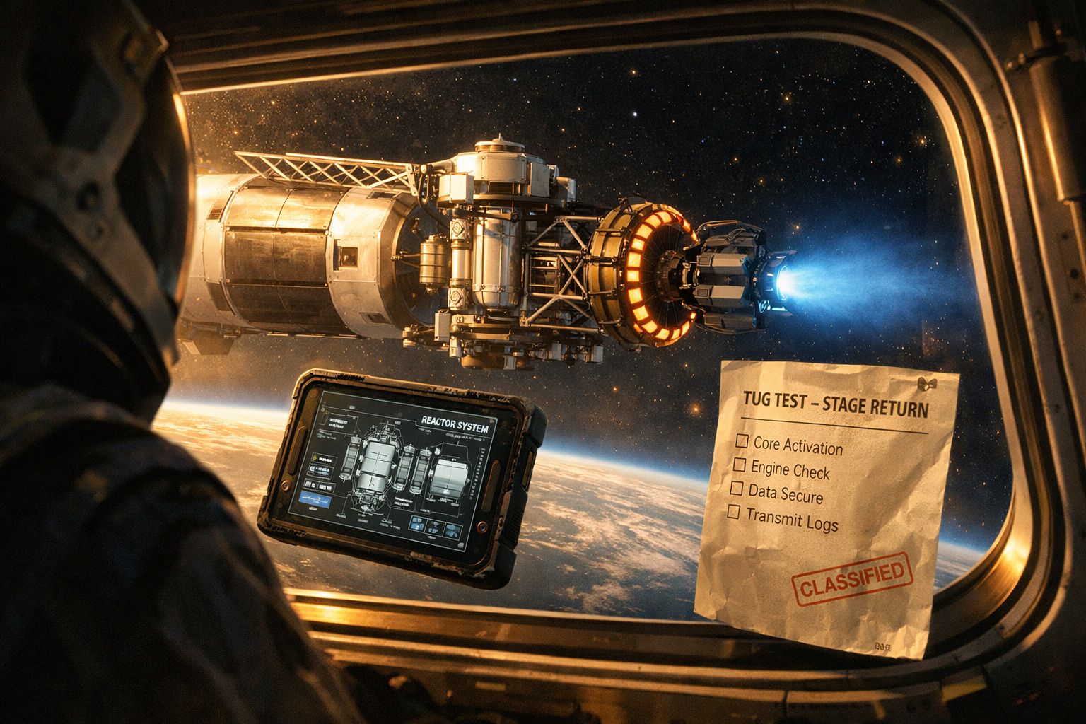 Astronauta observa nave espacial com propulsor aceso e tablet com sistema de reator em órbita terrestre.