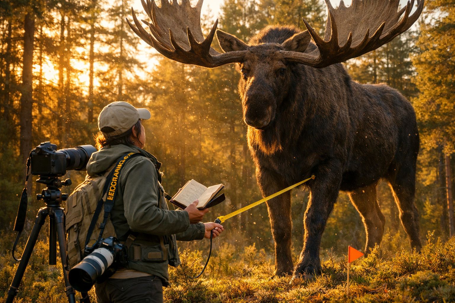 Fotógrafo com roupa de campo mede um alce gigante ao amanhecer numa floresta iluminada pelo sol.
