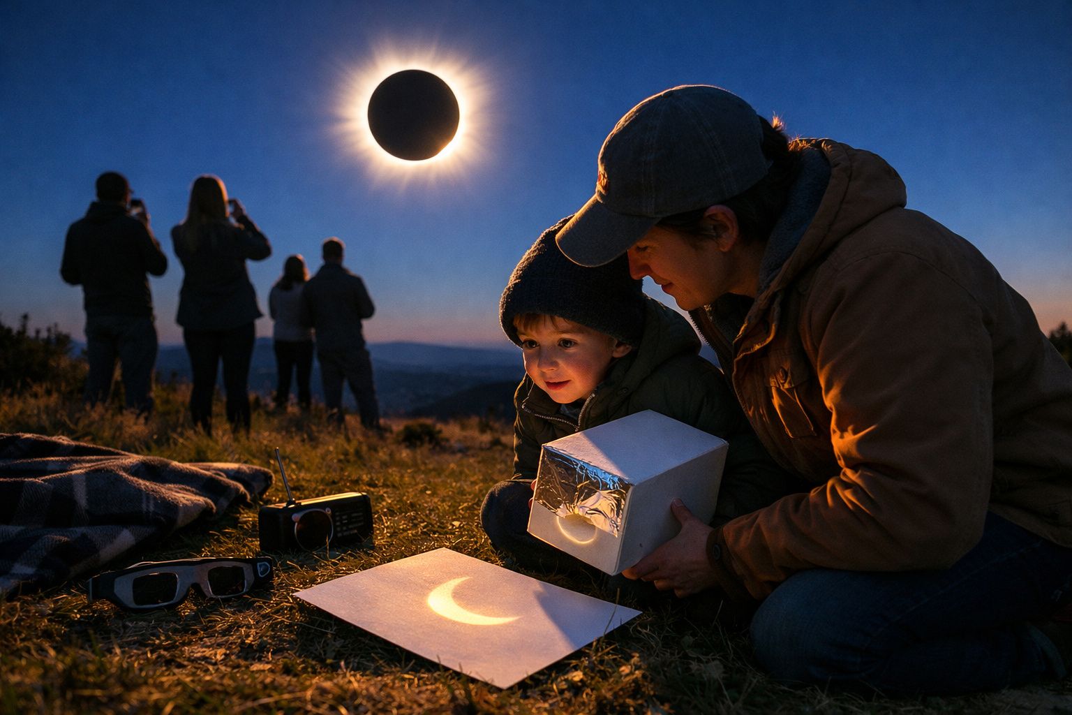 Pessoa adulta e criança observam eclipse solar projetado enquanto outras pessoas assistem ao fenómeno no exterior.
