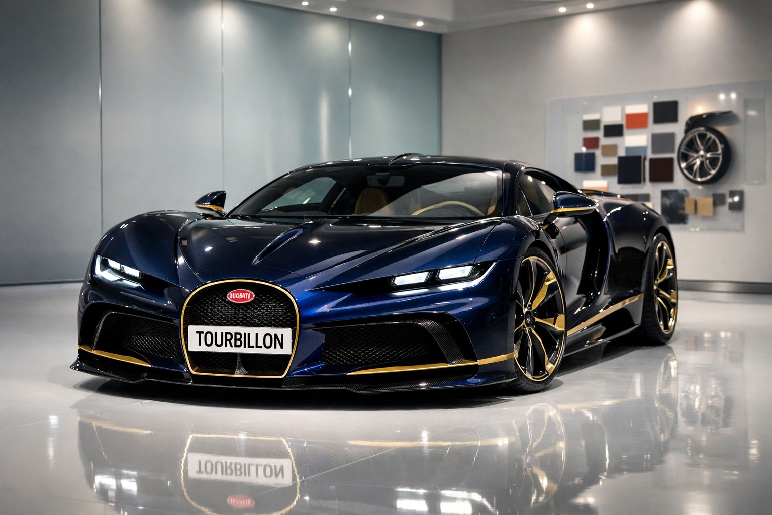 Carro desportivo Bugatti Tourbillon azul escuro numa garagem com iluminação suave e soalhos brilhantes.
