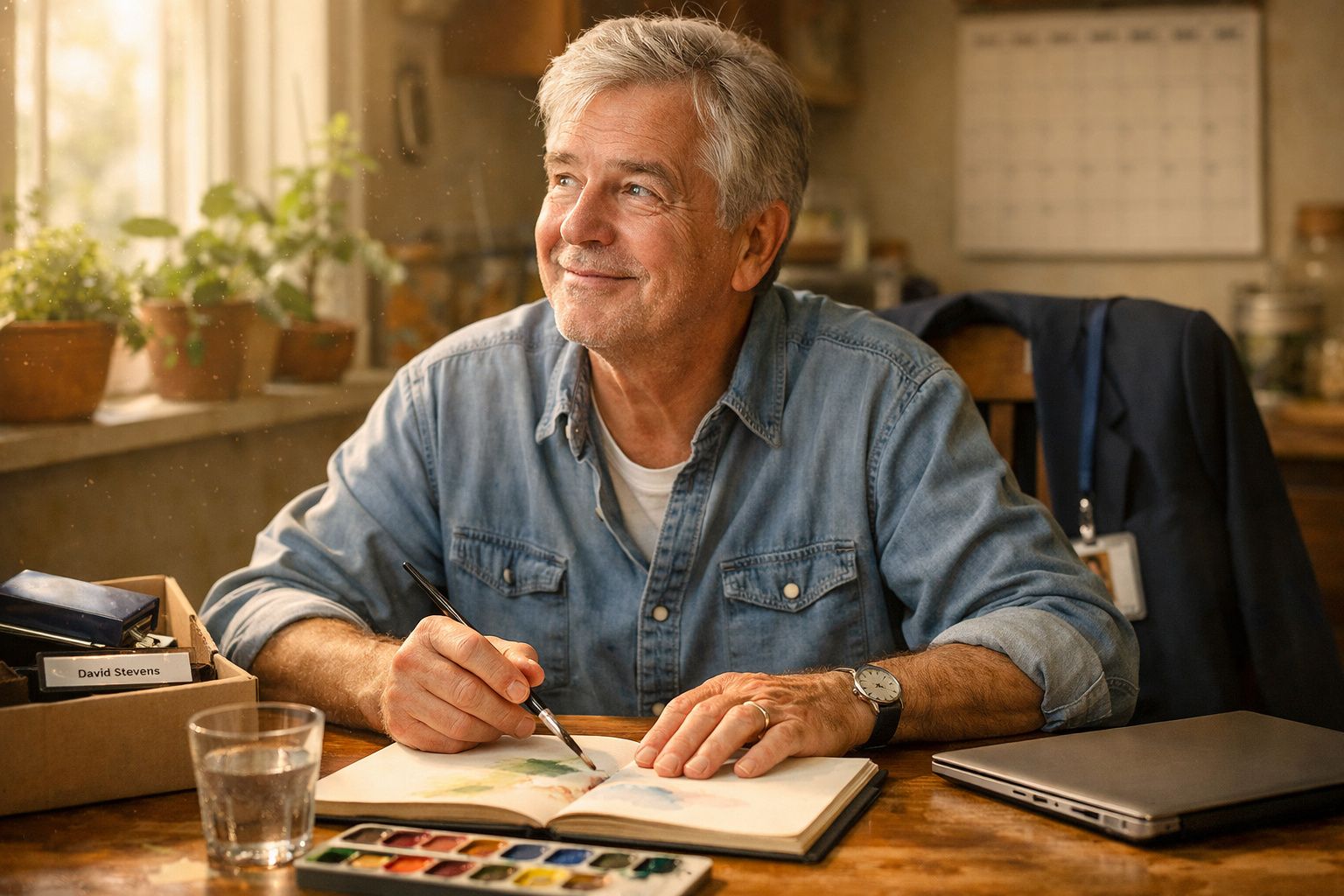 Homem idoso a pintar num caderno, sentado numa mesa com copo de água e computador portátil.