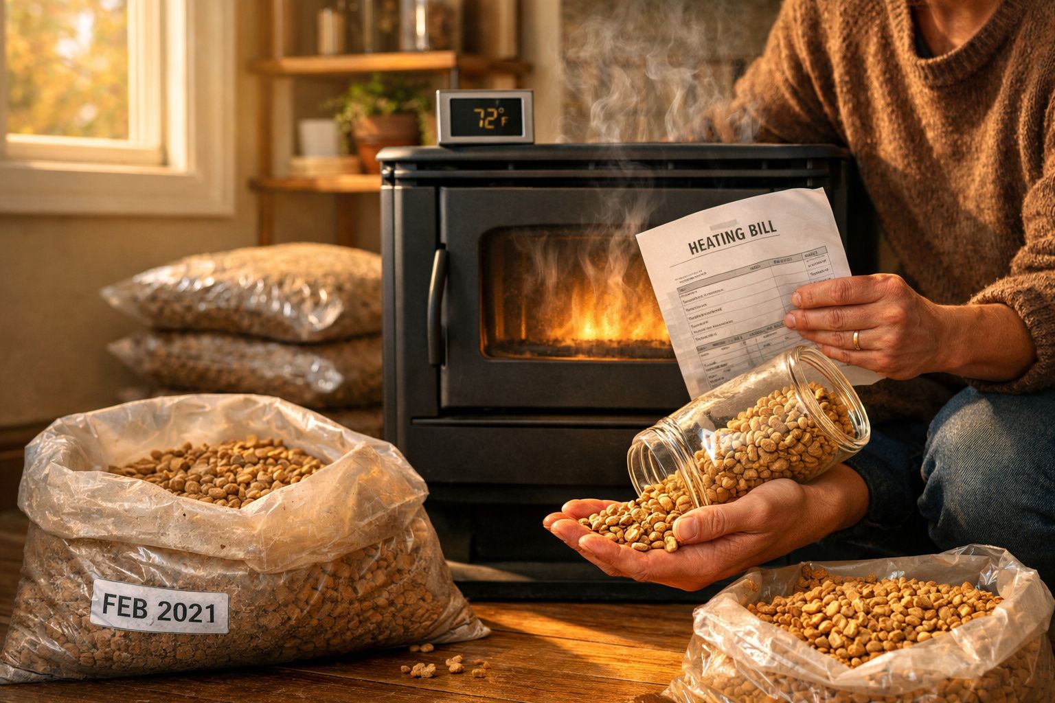 Pessoa junto a salamandra com fogo, segurando conta de aquecimento e feijões num frasco e saco.