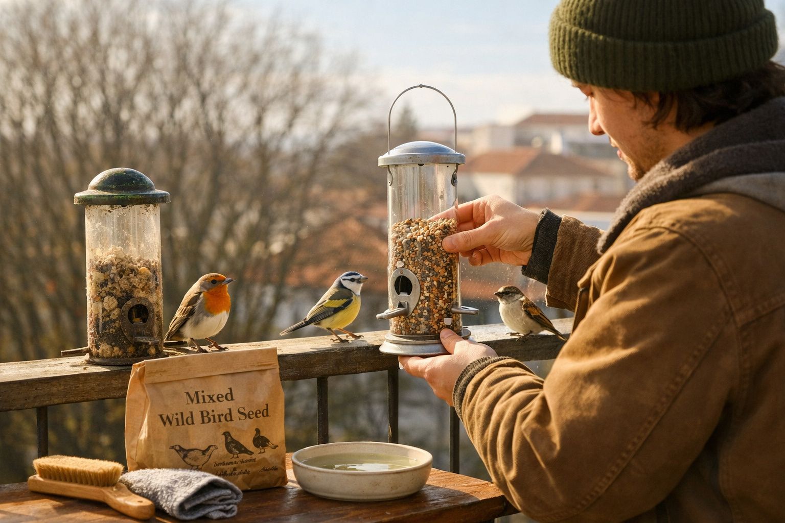Homem a alimentar passarinhos com comedouro de sementes numa varanda com paisagem urbana ao fundo.