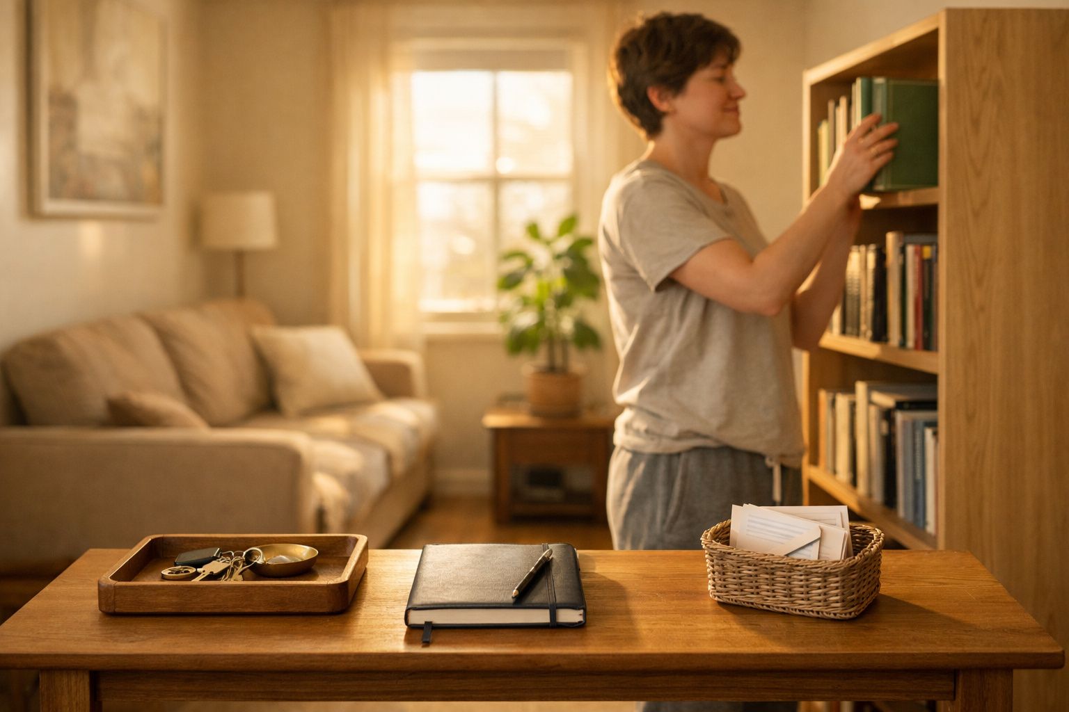 Pessoa a escolher um livro numa estante num ambiente confortável e bem iluminado.