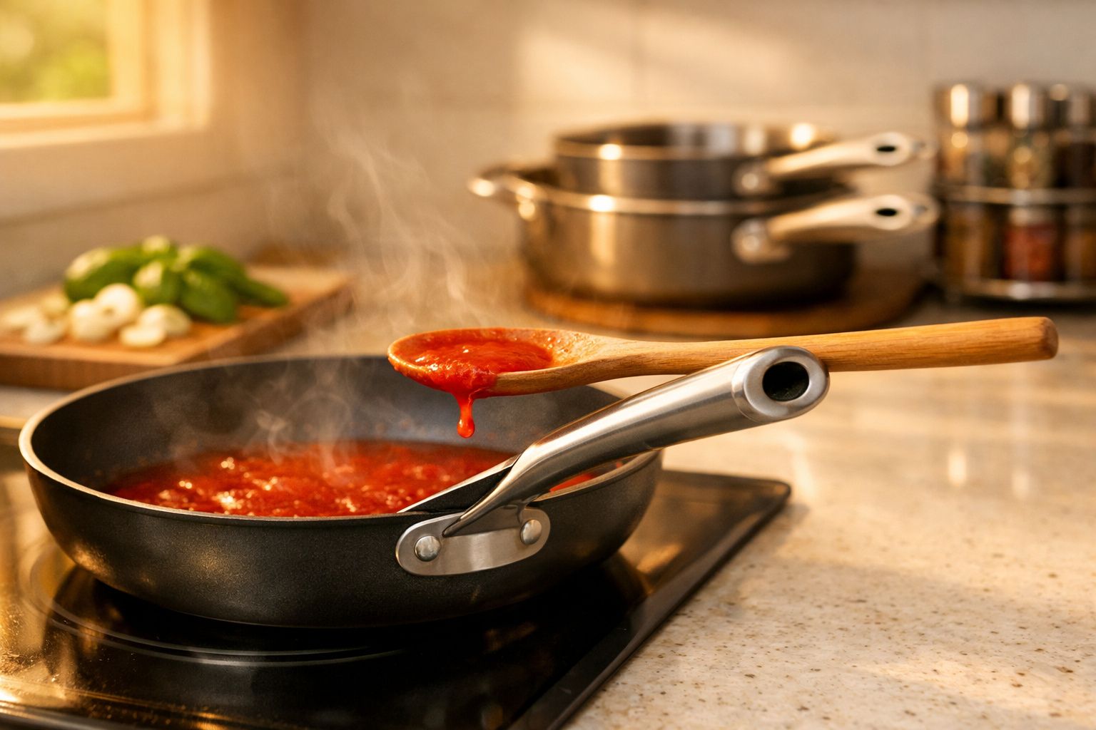 Panela com molho de tomate a ferroar no fogão com colher de pau a escorrer molho.