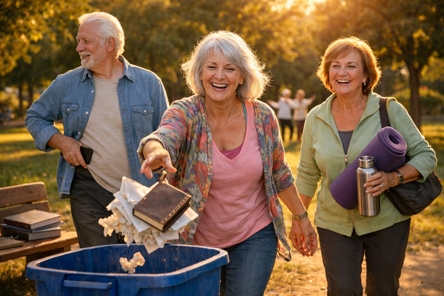 Três idosos felizes no parque, uma mulher a deitar livros no caixote do lixo, outra com tapete de yoga e garrafa.