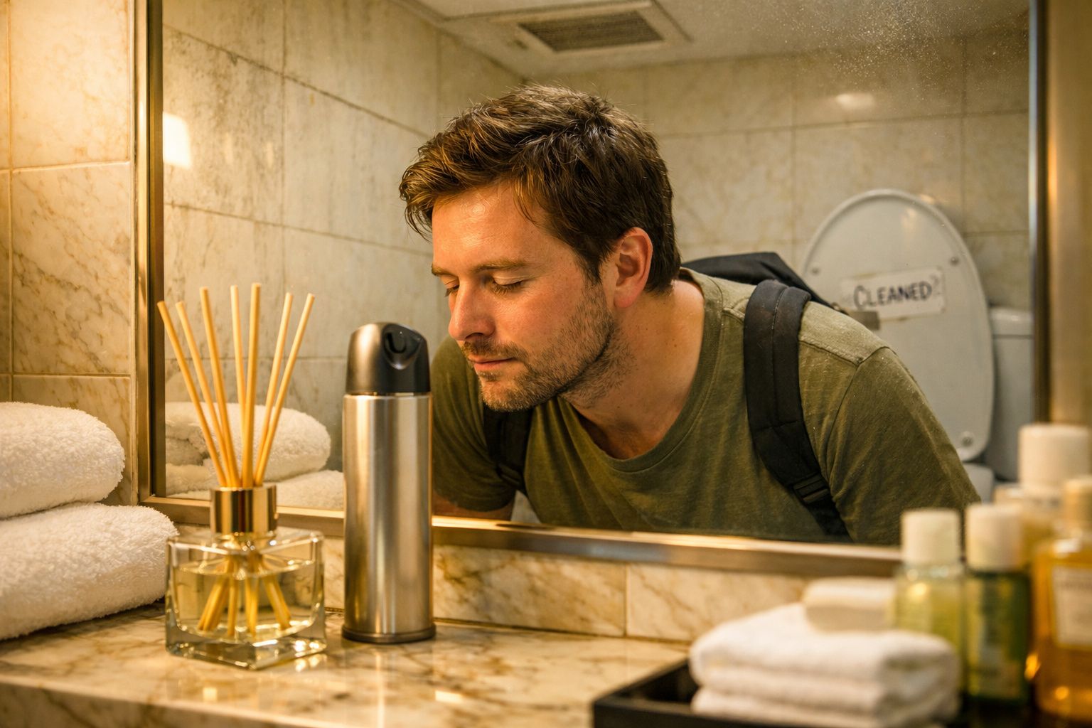 Homem com mochila num banheiro a cheirar desodorizante em spray sobre a pia.