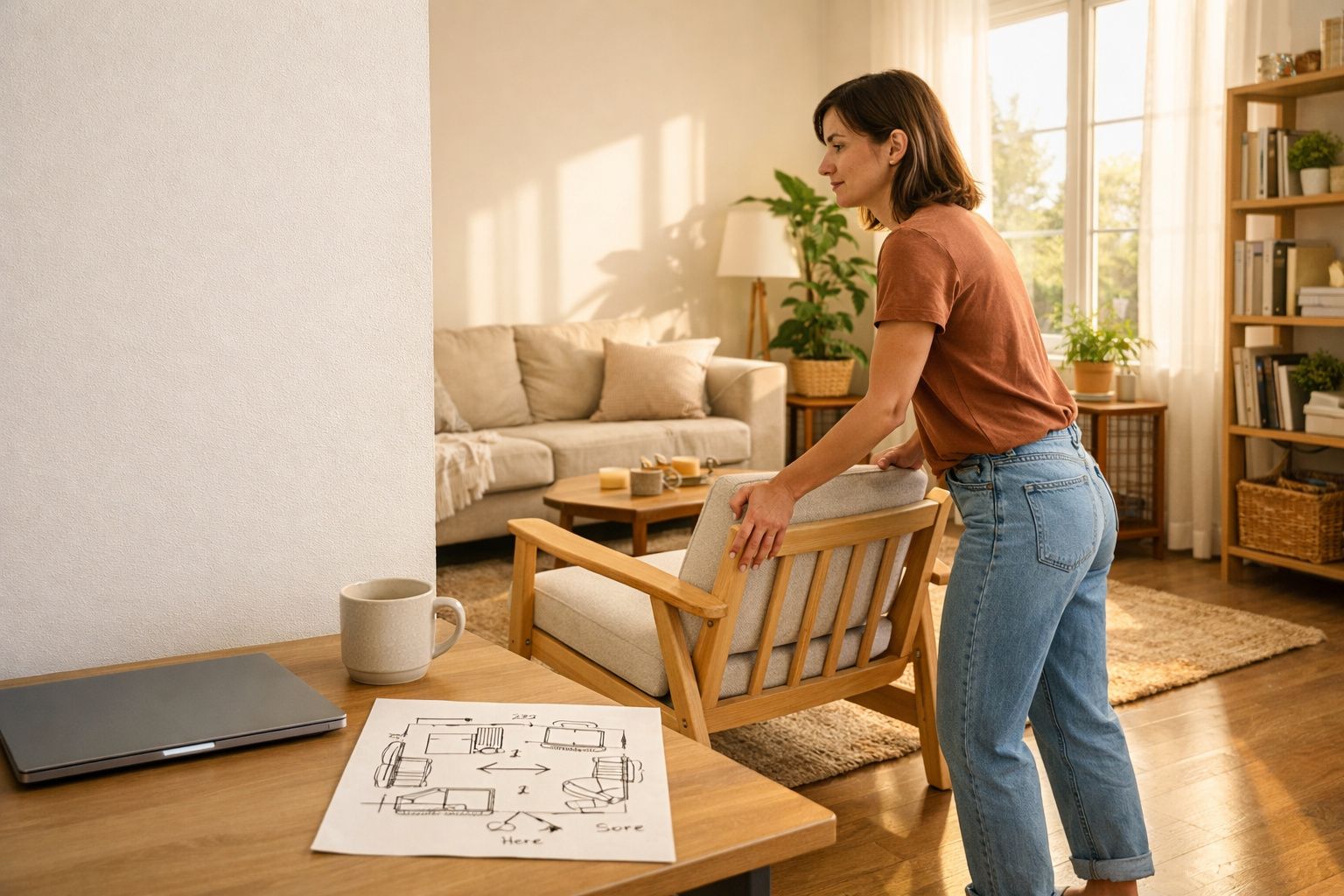 Mulher a rearranjar uma cadeira numa sala de estar luminosa com sofá, plantas e mesa de trabalho.