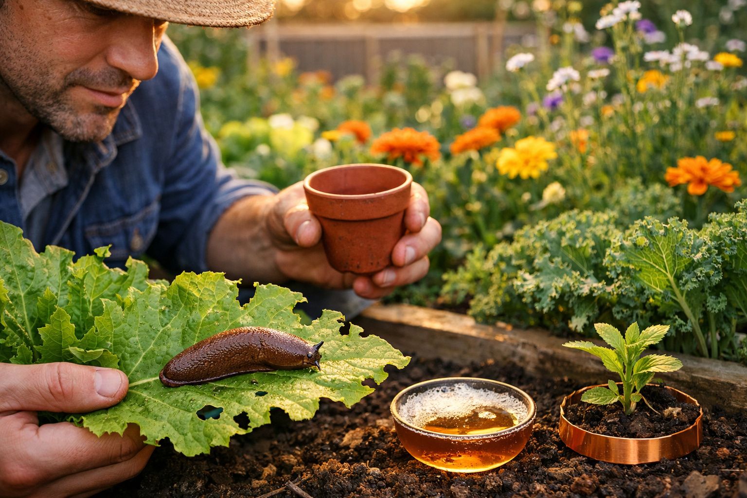 Homem com vaso e folha com lesma em jardim com flores coloridas ao fundo.