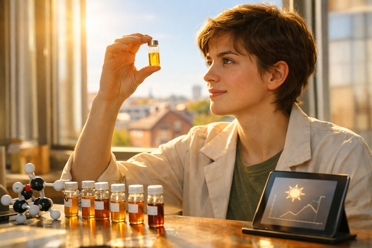 Mulher com bata branca analisa frasco com líquido alaranjado num laboratório iluminado pelo sol.
