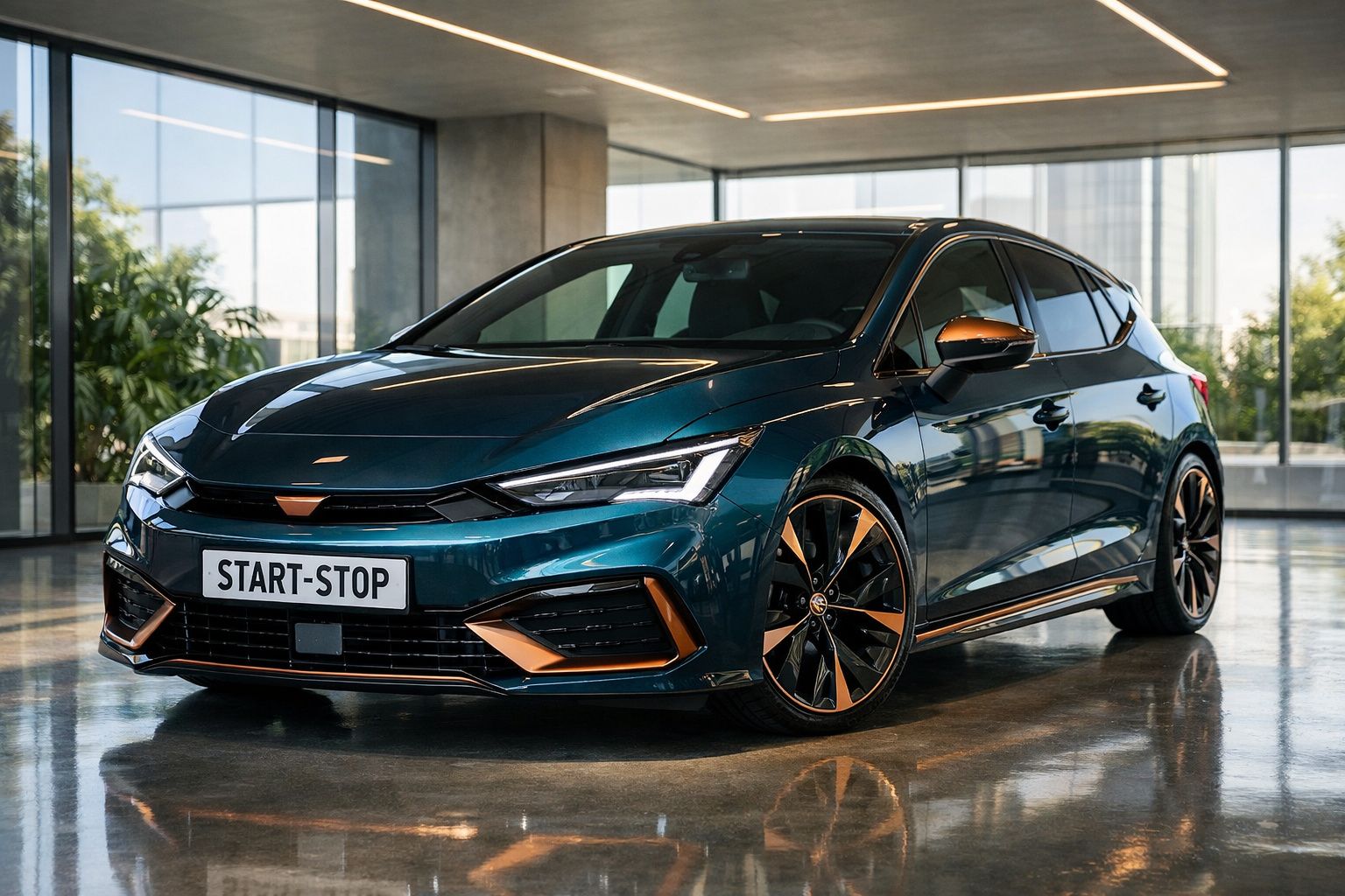 Carro moderno desportivo azul com detalhes em cobre em espaço interior com grandes janelas e chão espelhado.
