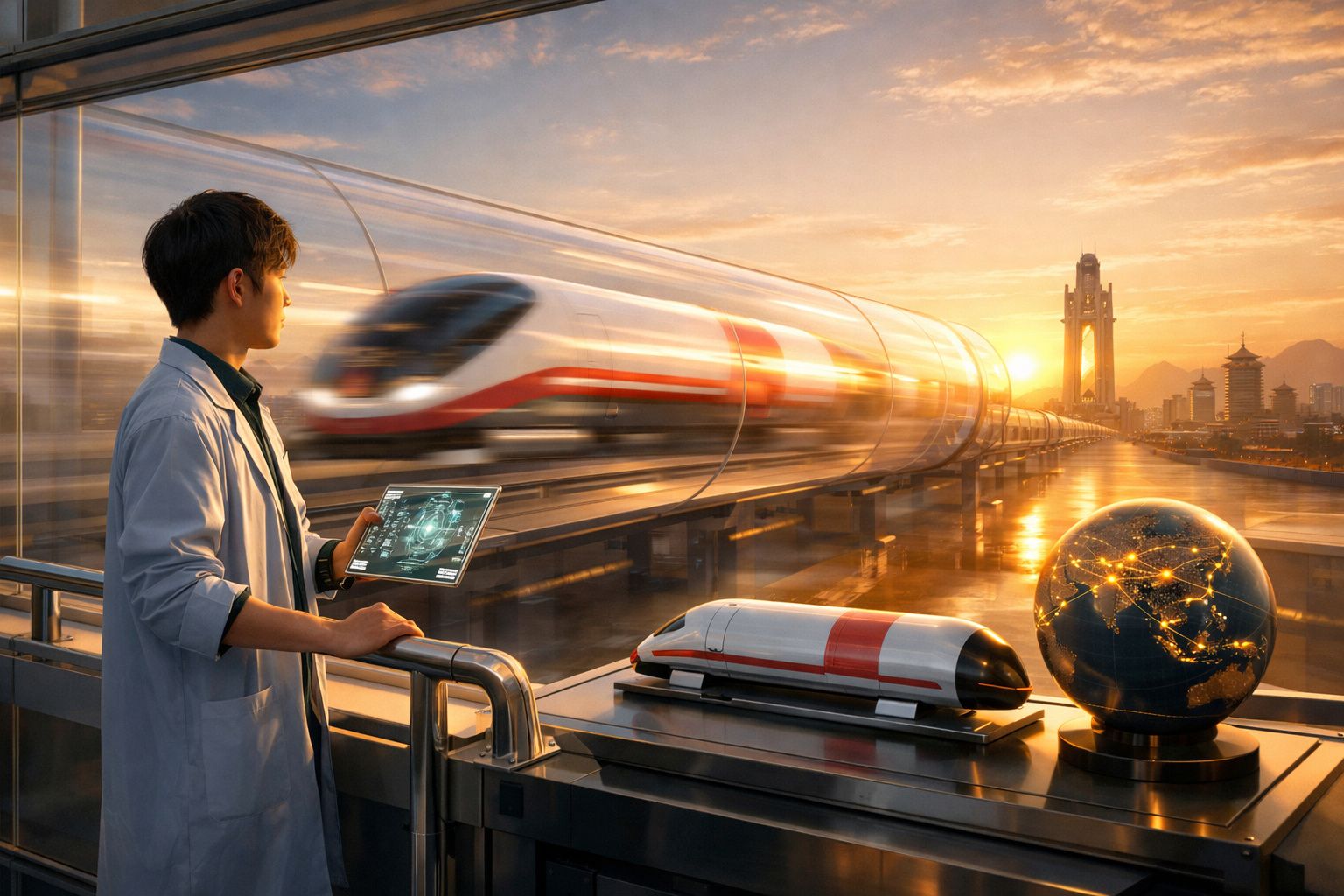 Homem com tablet observa comboio de alta velocidade passar numa ponte ao pôr do sol, com globo luminoso ao lado.