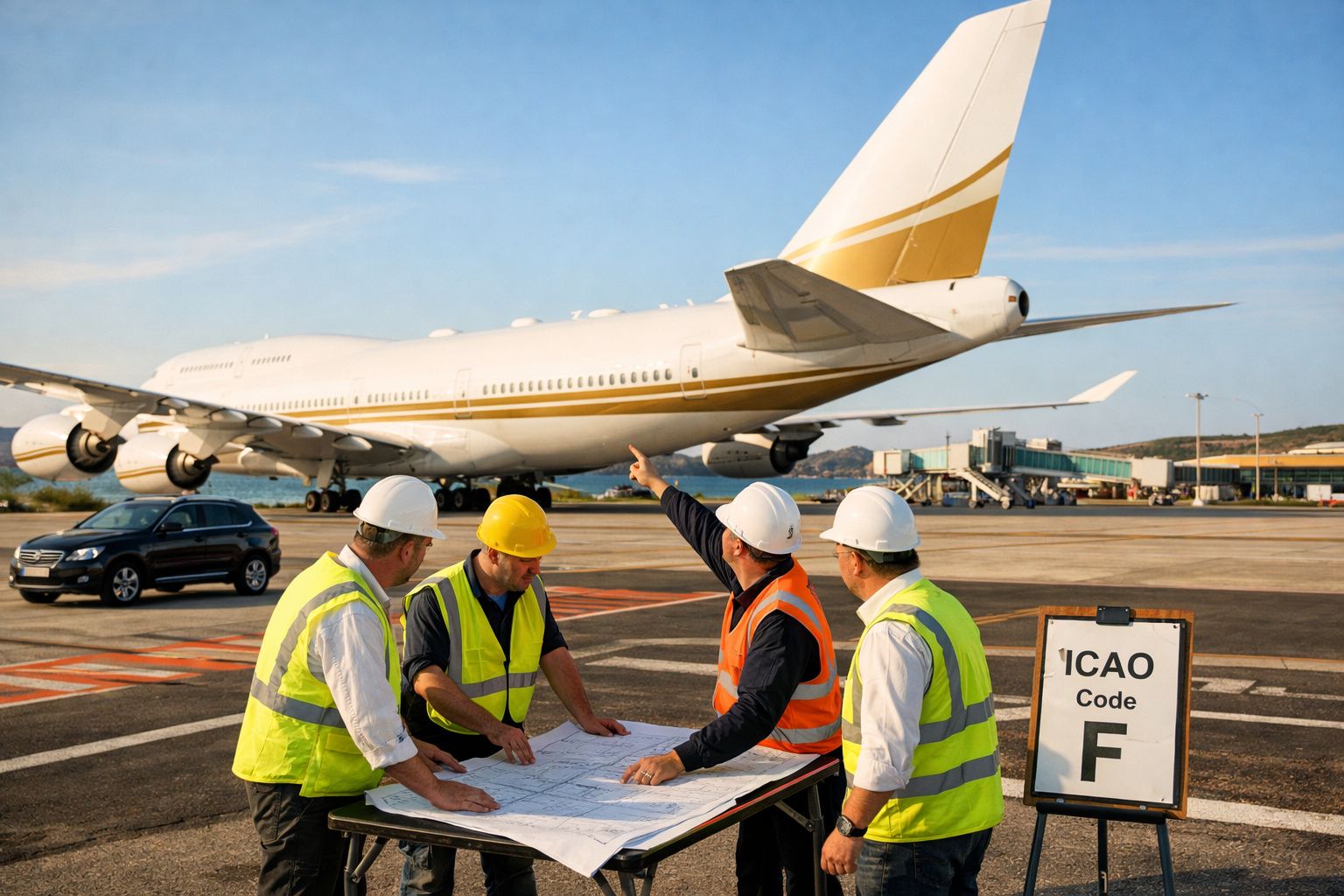 Quatro trabalhadores com coletes e capacetes analisam planta no aeroporto com avião e sinal ICAO Code F ao fundo.