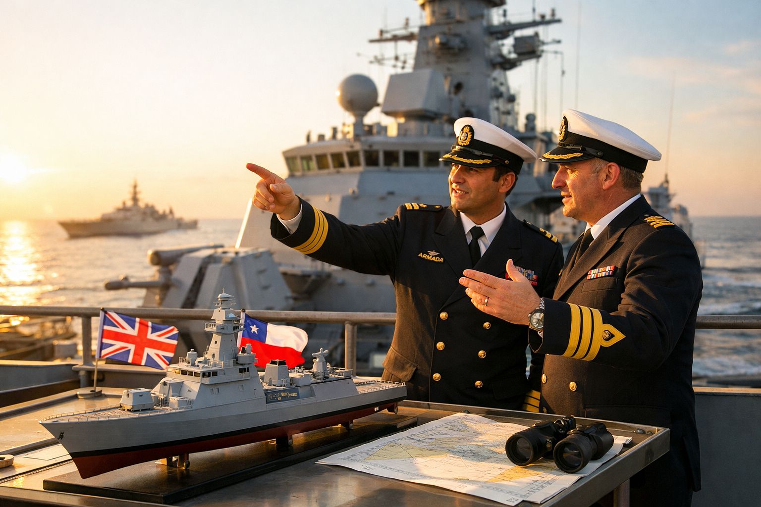 Dois oficiais da marinha em uniforme junto a um modelo de navio e mapas no convés ao pôr do sol.