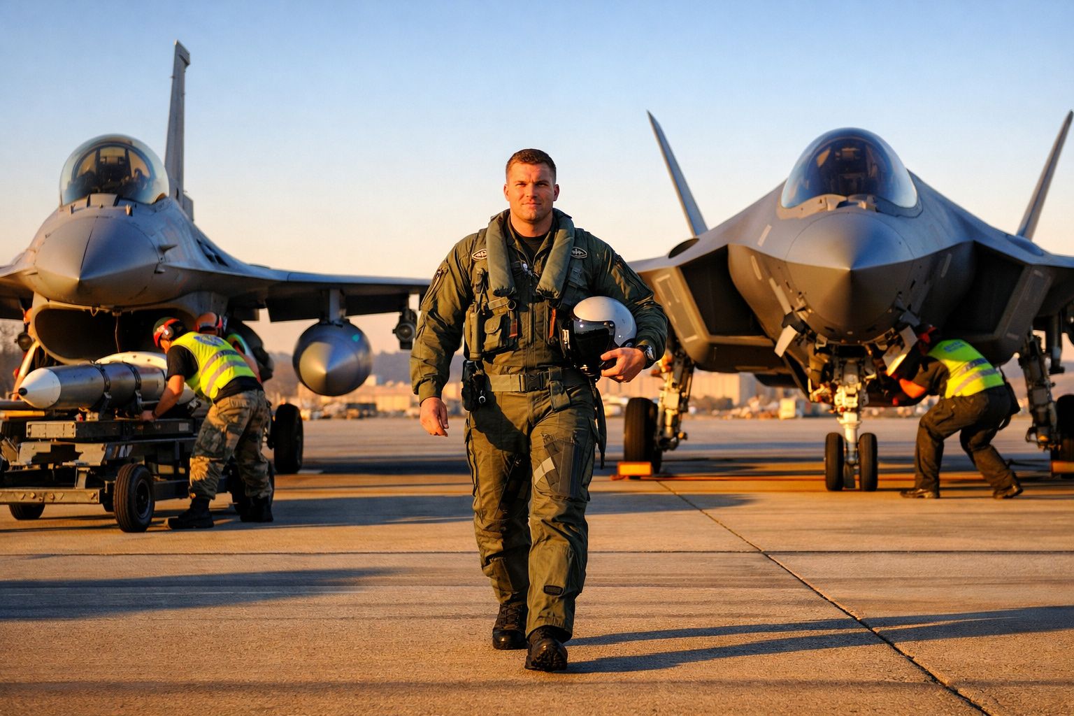 Piloto militar em fato de voo camuflado caminha entre dois caças estacionados com técnicos a trabalhar na pista.