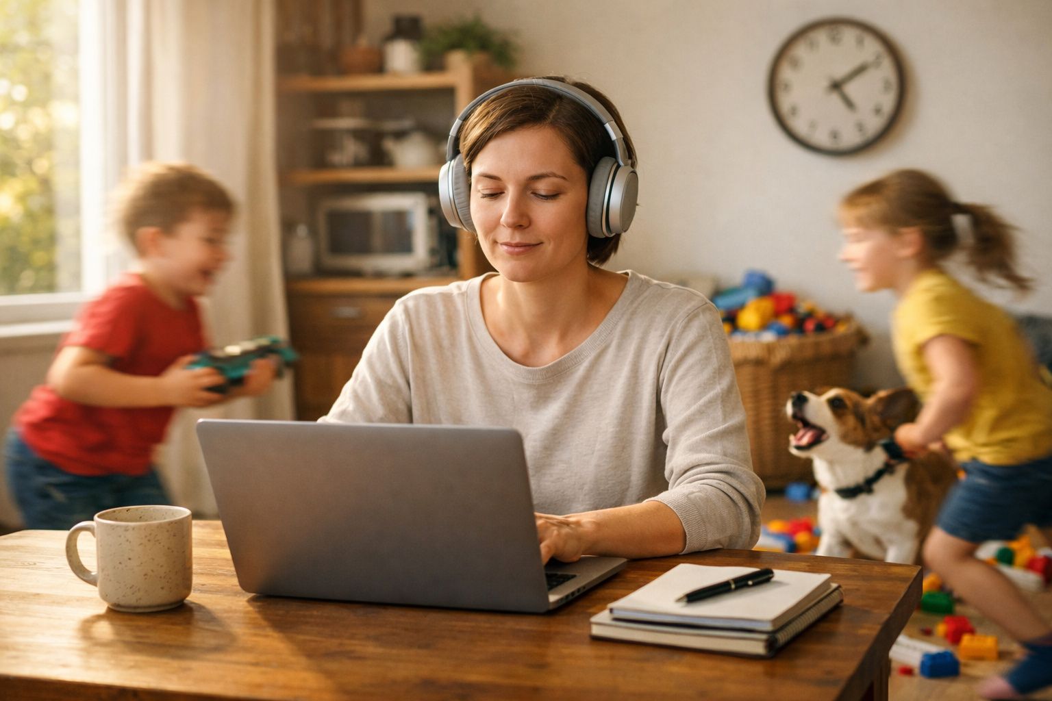 Mulher a trabalhar no computador com auscultadores, crianças e cão a brincar ao fundo numa sala.