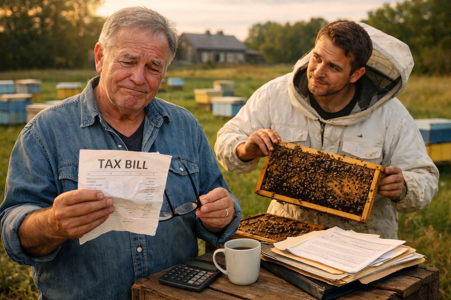 Homem mais velho preocupado com factura de impostos, apicultor jovem mostra quadro de abelhas ao ar livre.