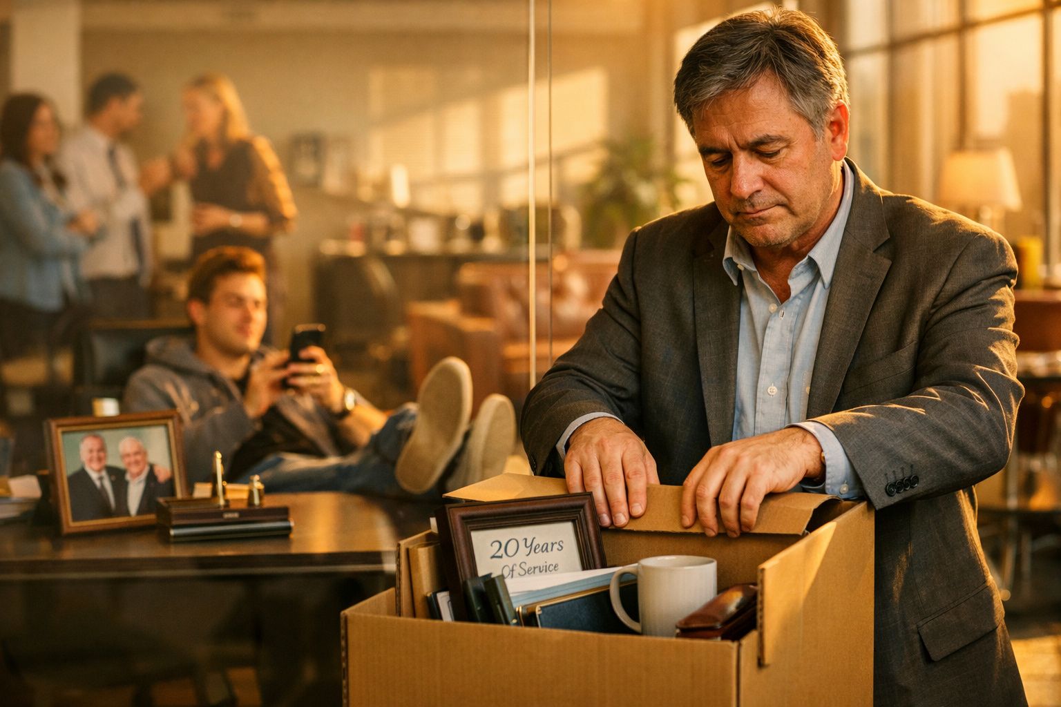 Homem com ar triste a empacotar objetos pessoais numa caixa no escritório.