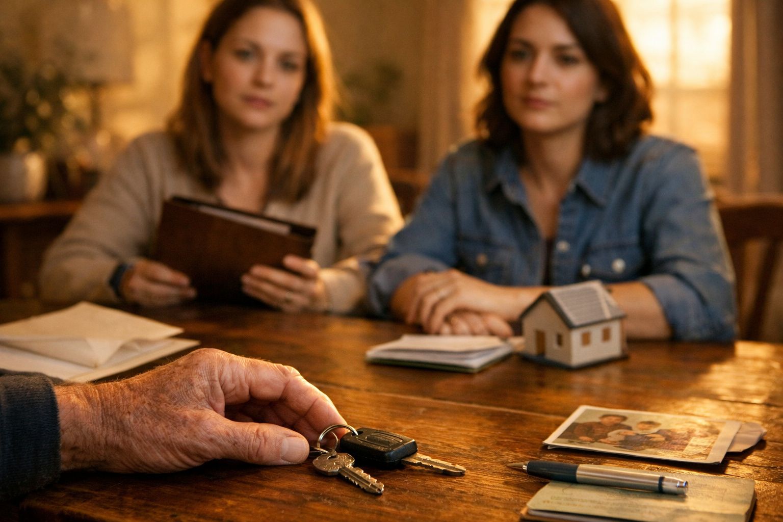 Pessoa a entregar chaves de casa a duas mulheres sentadas à mesa com miniatura de casa e documentos.