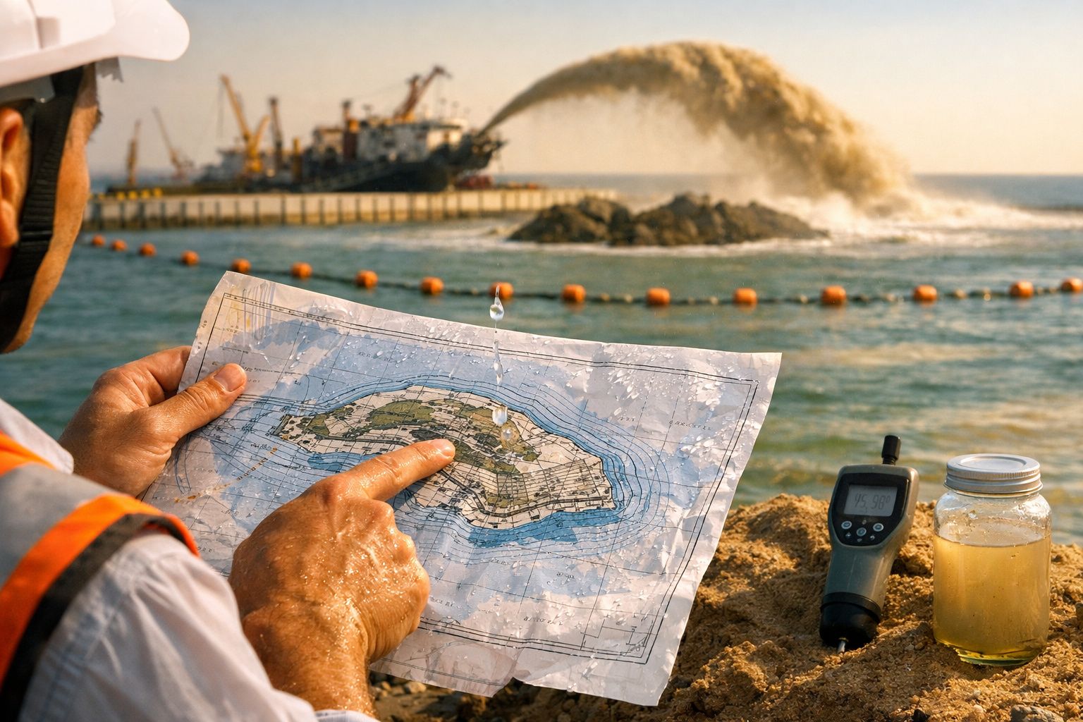 Homem com capacete a analisar mapa de ilha junto ao mar durante obras com máquinas e água turva a ser expelida.