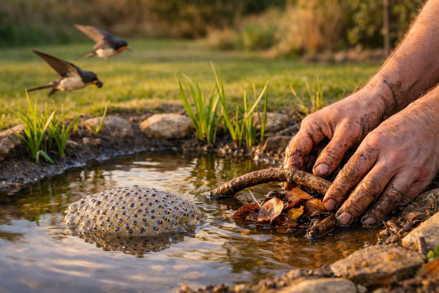 Mãos sujas a colocar ramos junto a lagarto com ovos de rã num lago rodeado de plantas e pássaros a voar.