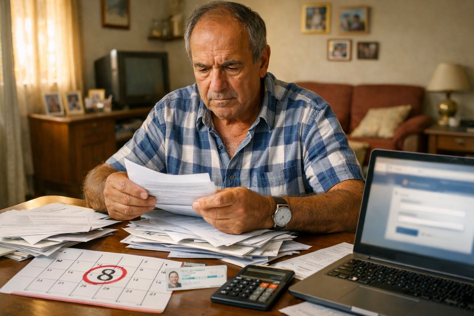 Homem sentado a analisar documentos num ambiente doméstico com calendário, laptop e calculadora à sua frente.