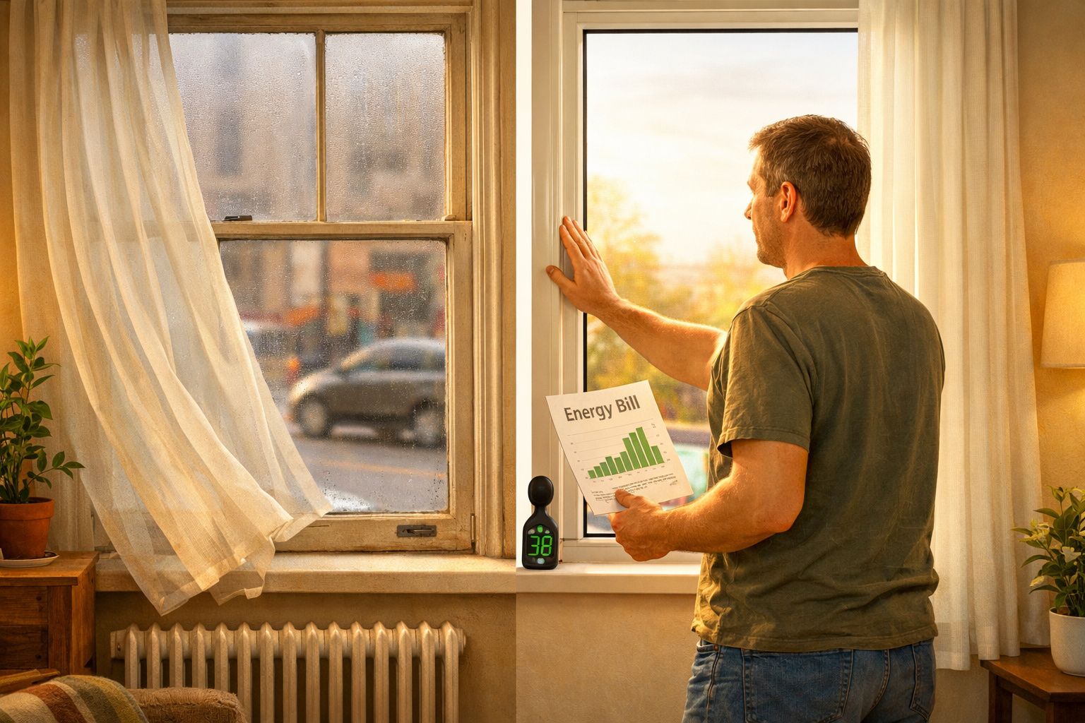 Homem junto à janela com papel de fatura de energia e medidor digital na maçaneta da janela.