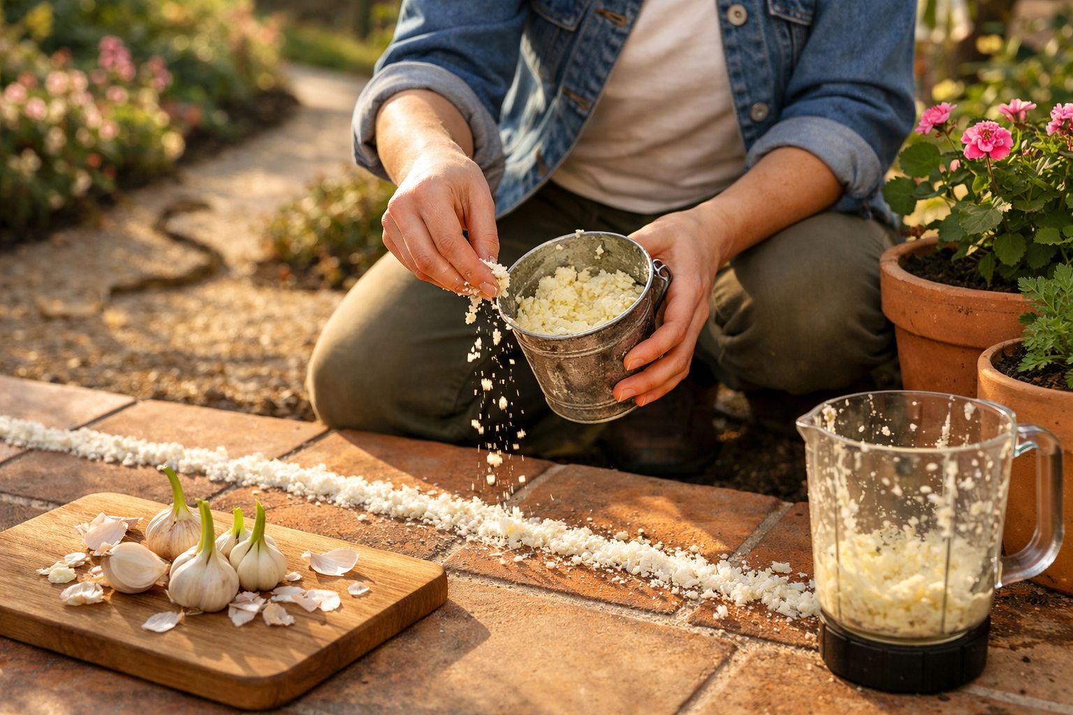 Pessoa a semear cal no chão de um jardim, com dentes de alho e plantas à volta.