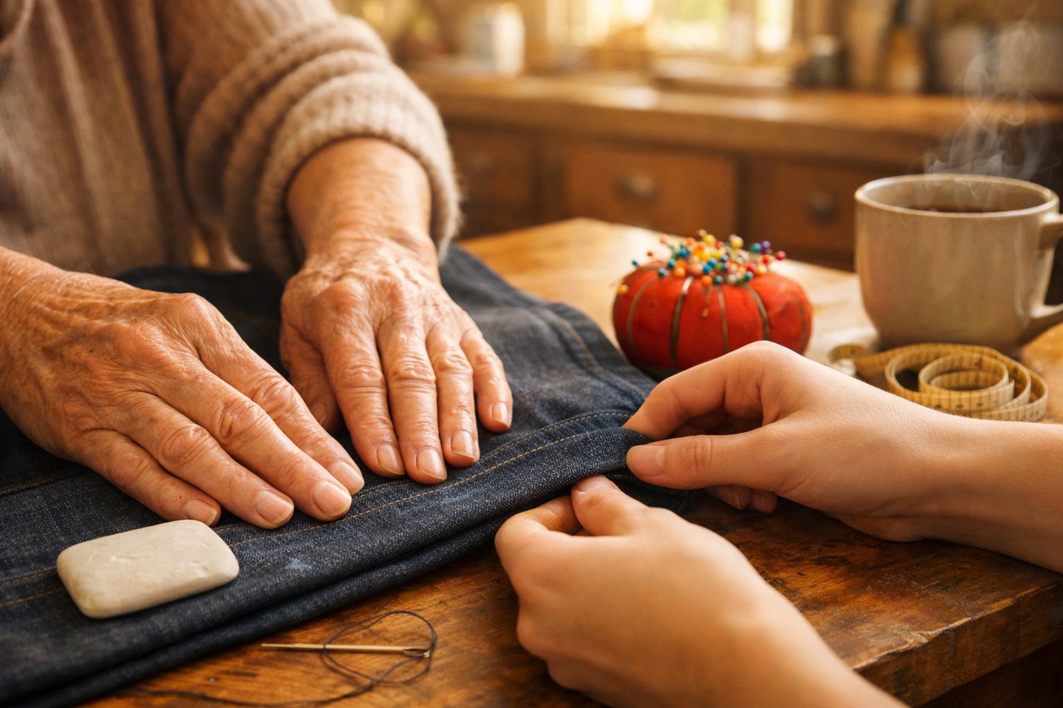 Mãos idosas e jovens a segurar tecido de ganga num ambiente de costura acolhedor com chá fumegante.