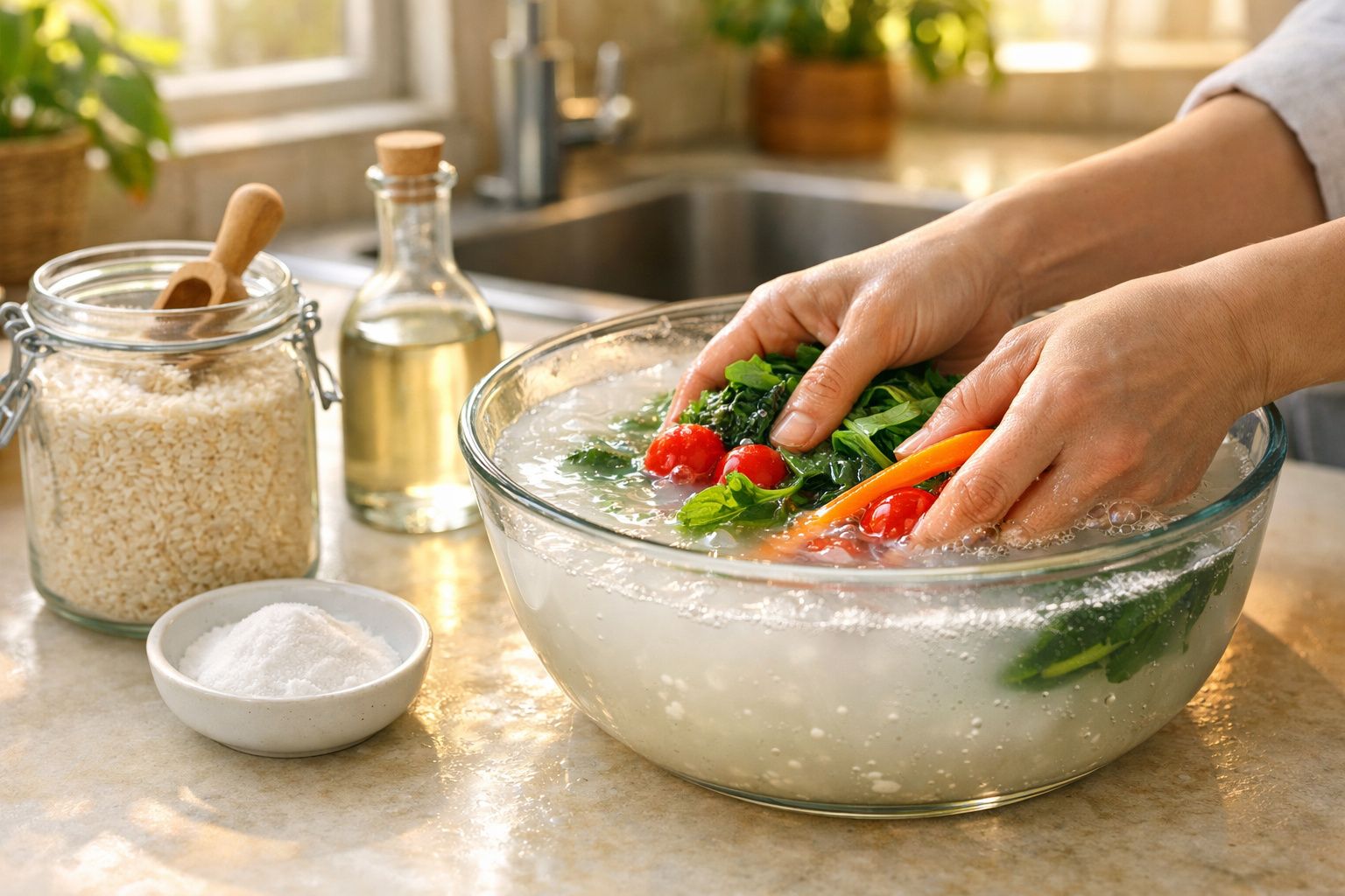 Mãos a lavar legumes com tomate, cenoura e folhas verdes numa tigela de vidro com água.