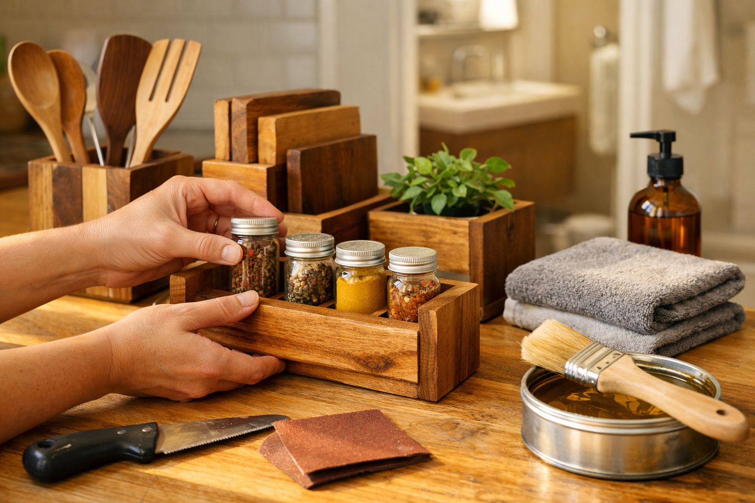 Mãos organizam frascos de especiarias em suporte de madeira numa cozinha com utensílios e plantinhas.