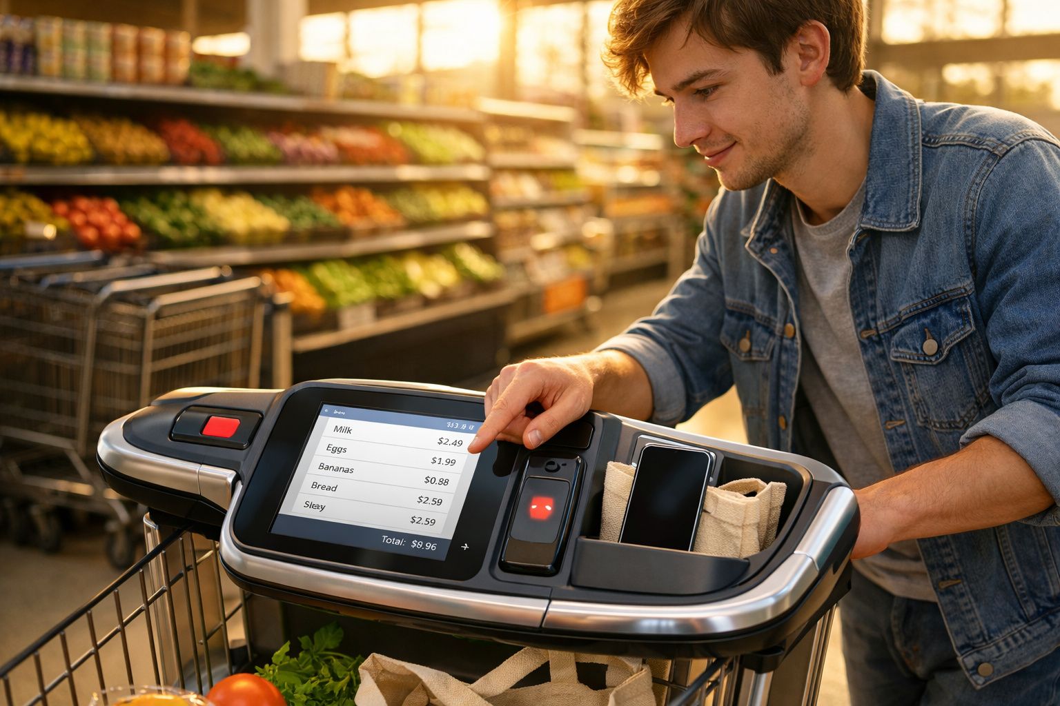 Homem a usar carrinho de supermercado com monitor digital a mostrar lista e total de compras.