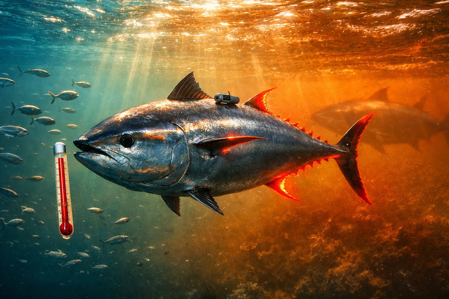 Peixe azul grande a nadar no oceano com termómetro de mercúrio vermelho flutuando ao lado.