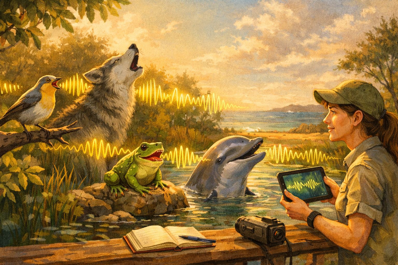 Investigadora acompanha sons de aves, lobo, rã e golfinho junto a paisagem natural ao pôr do sol.