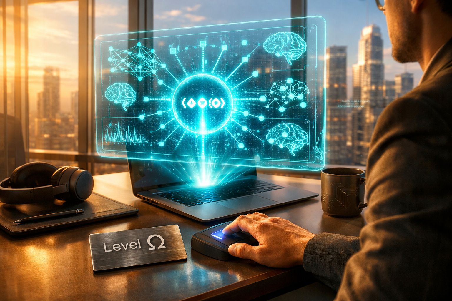 Pessoa interage com laptop exibindo holograma de inteligência artificial num escritório moderno ao pôr do sol.