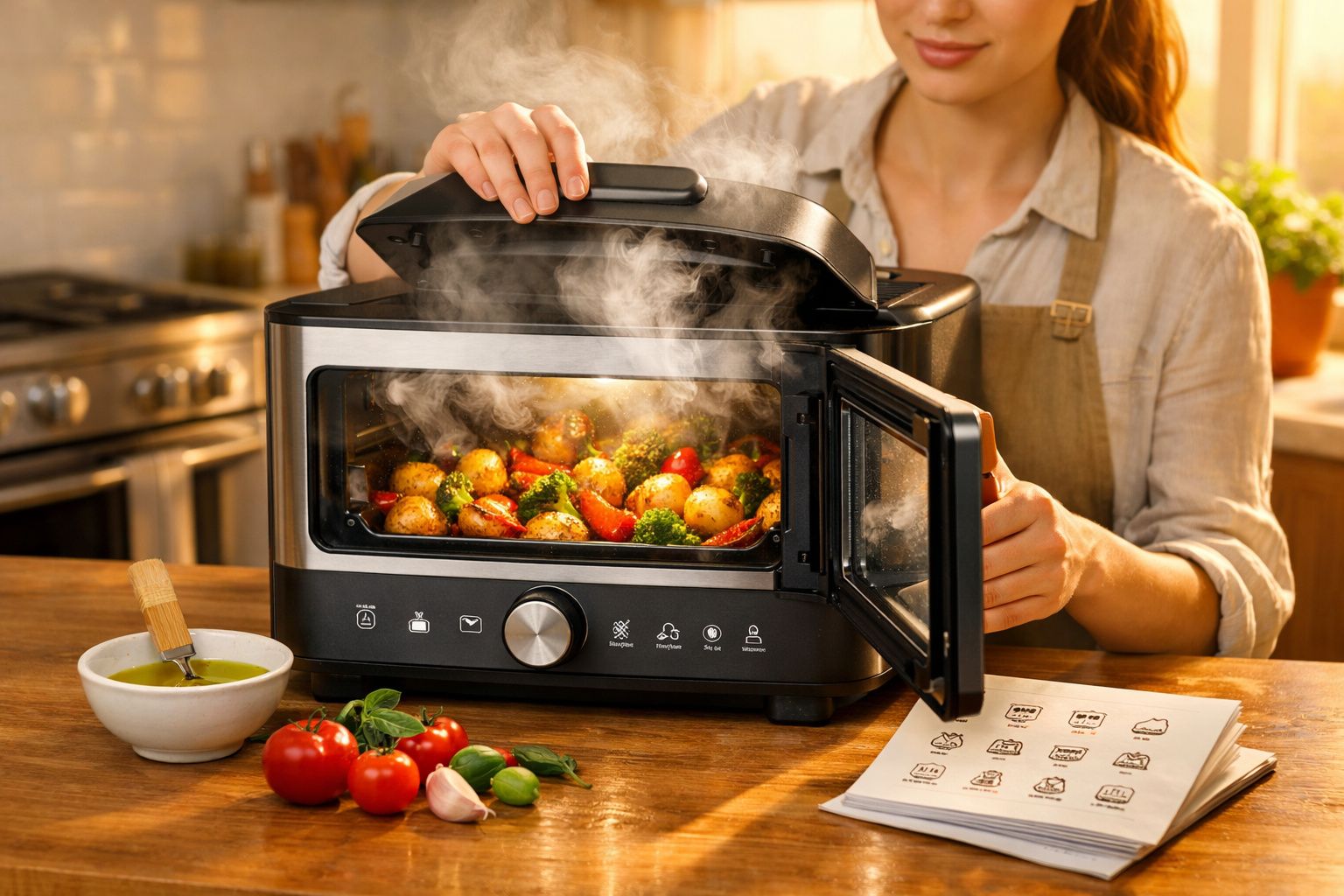 Pessoa a abrir forno eléctrico com legumes cozinhados a vapor numa cozinha moderna.