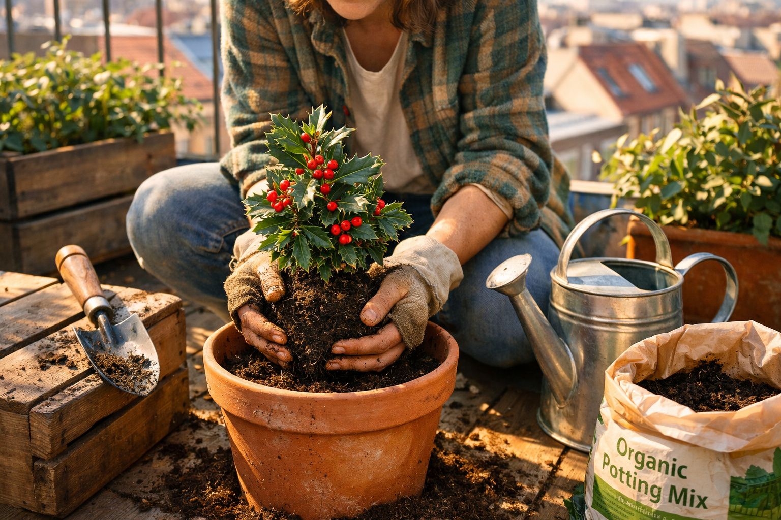Pessoa a plantar azevinho num vaso de terracota num terraço ensolarado com ferramentas de jardinagem.