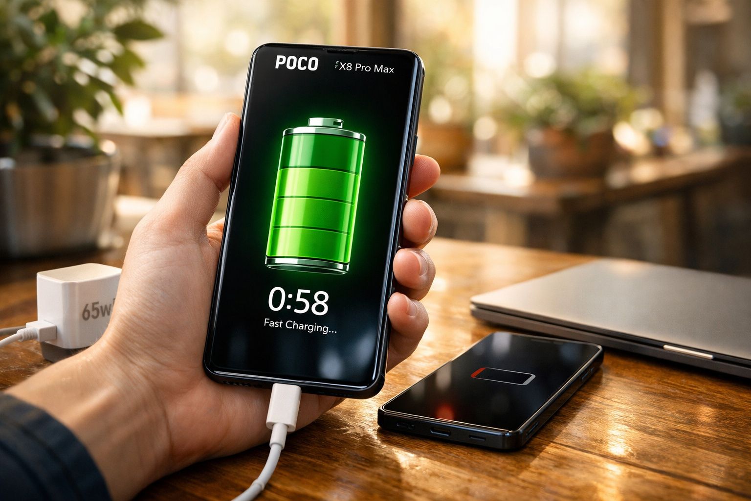 Pessoa a segurar smartphone POCO a carregar rapidamente, mostrando bateria quase cheia e contagem decrescente.