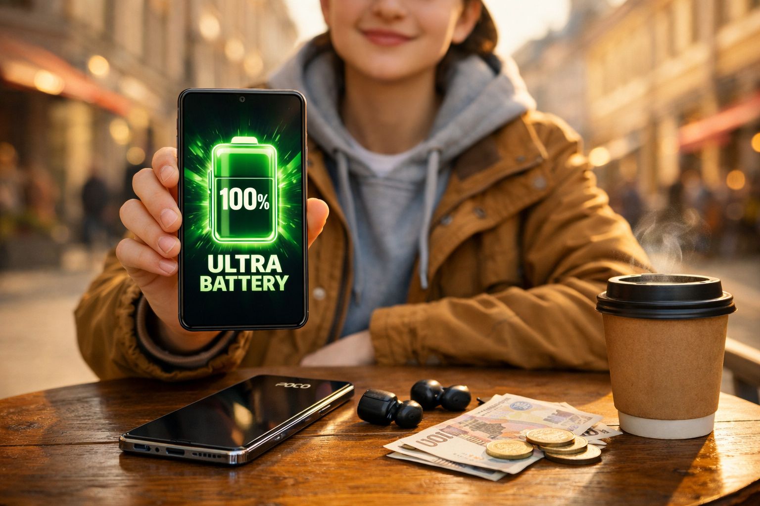 Pessoa mostra telemóvel com bateria completa e texto "Ultra Battery", numa mesa com fones, dinheiro e café.