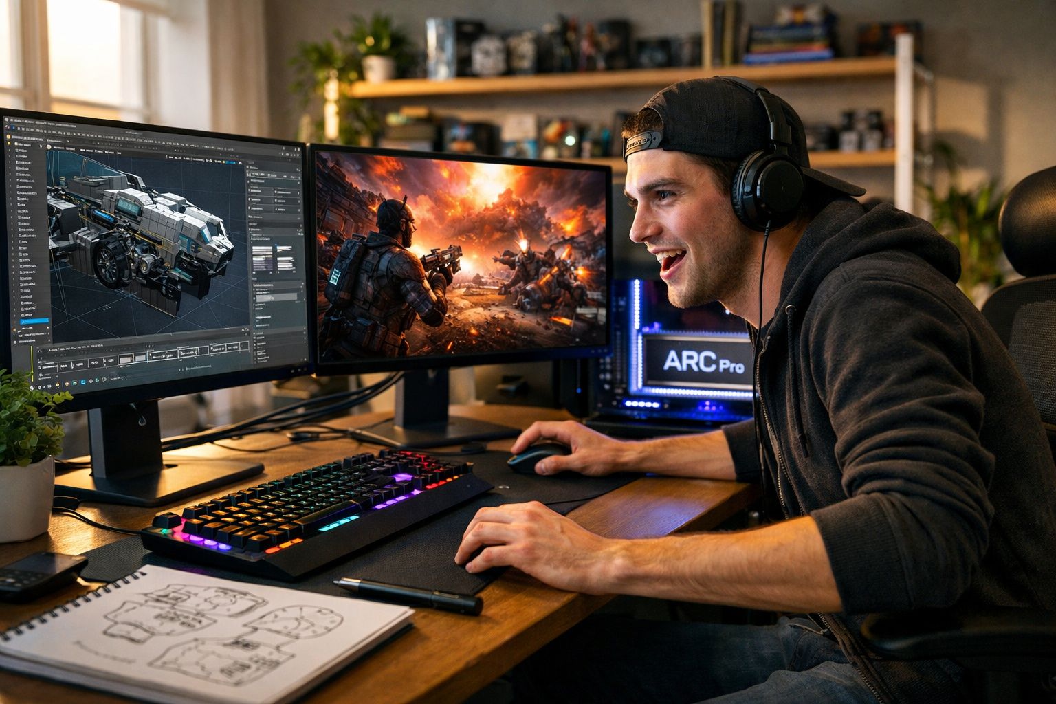 Homem com auscultadores a jogar videojogo e a trabalhar numa modelo 3D numa mesa com dois ecrãs.