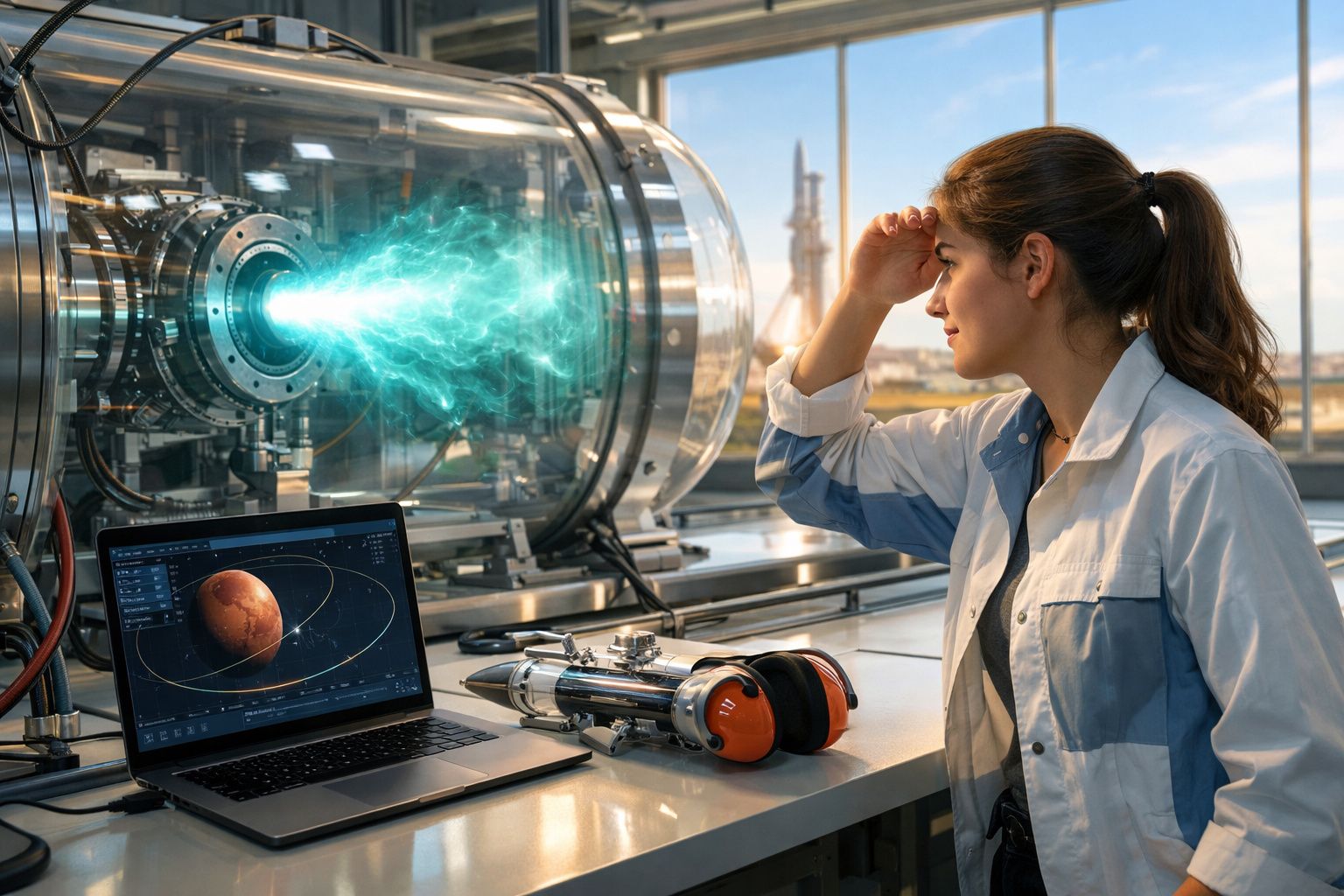 Mulher cientista em laboratório observando simulação de propulsor espacial enquanto assiste a modelo de Marte no portátil.