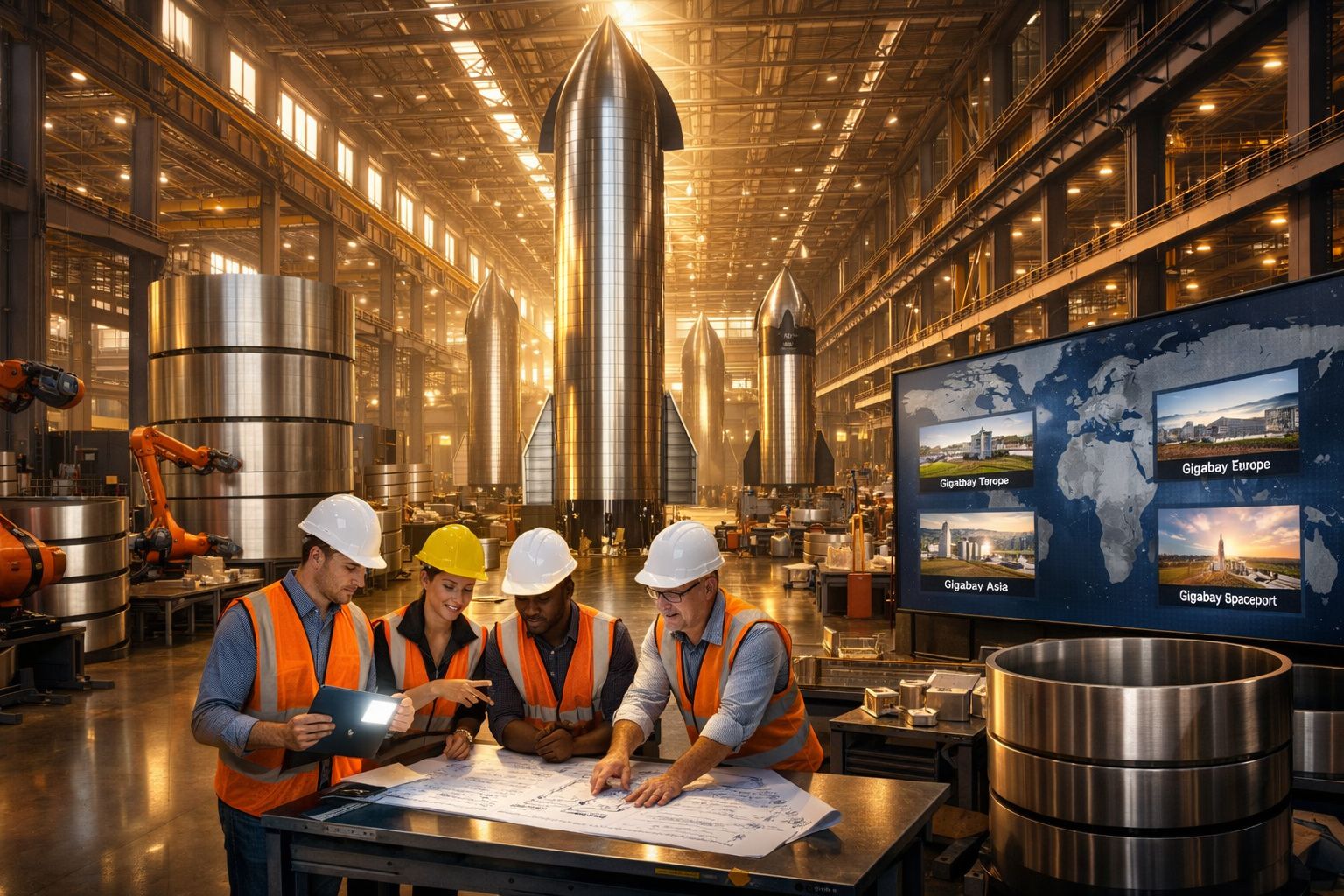 Quatro engenheiros com capacetes e coletes discutem planos numa fábrica de foguetes futuristas.