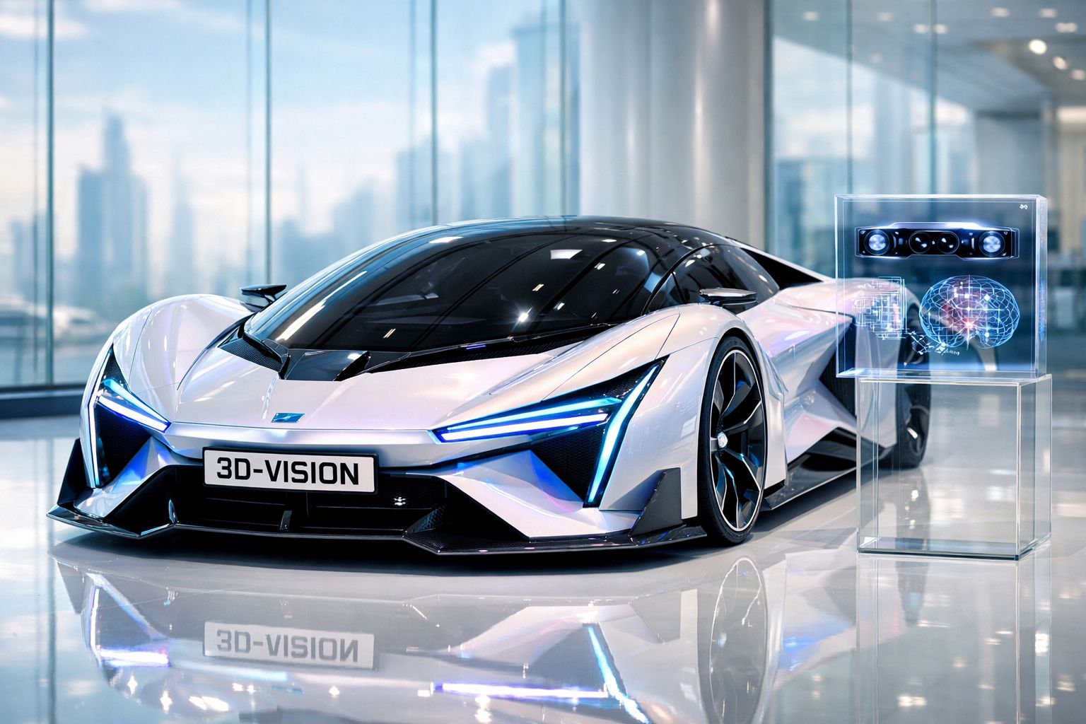 Carro desportivo futurista branco com luzes azuis e holograma de cérebro em expositor transparente.